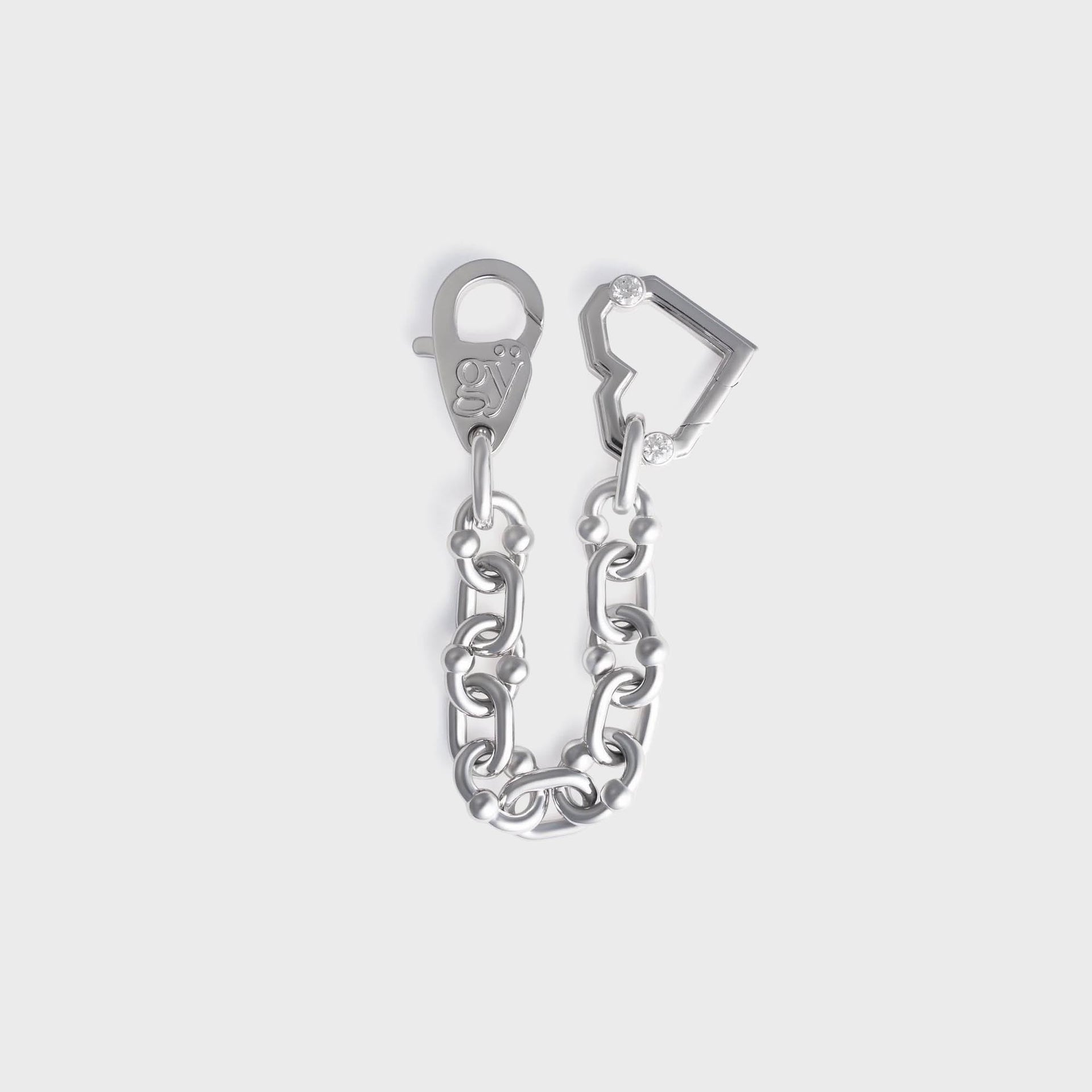 Greg Yuna Varsity Umlaut silver keychain chain with chunky curb links, lobster clasp, and diamond-set kite-shaped clasp