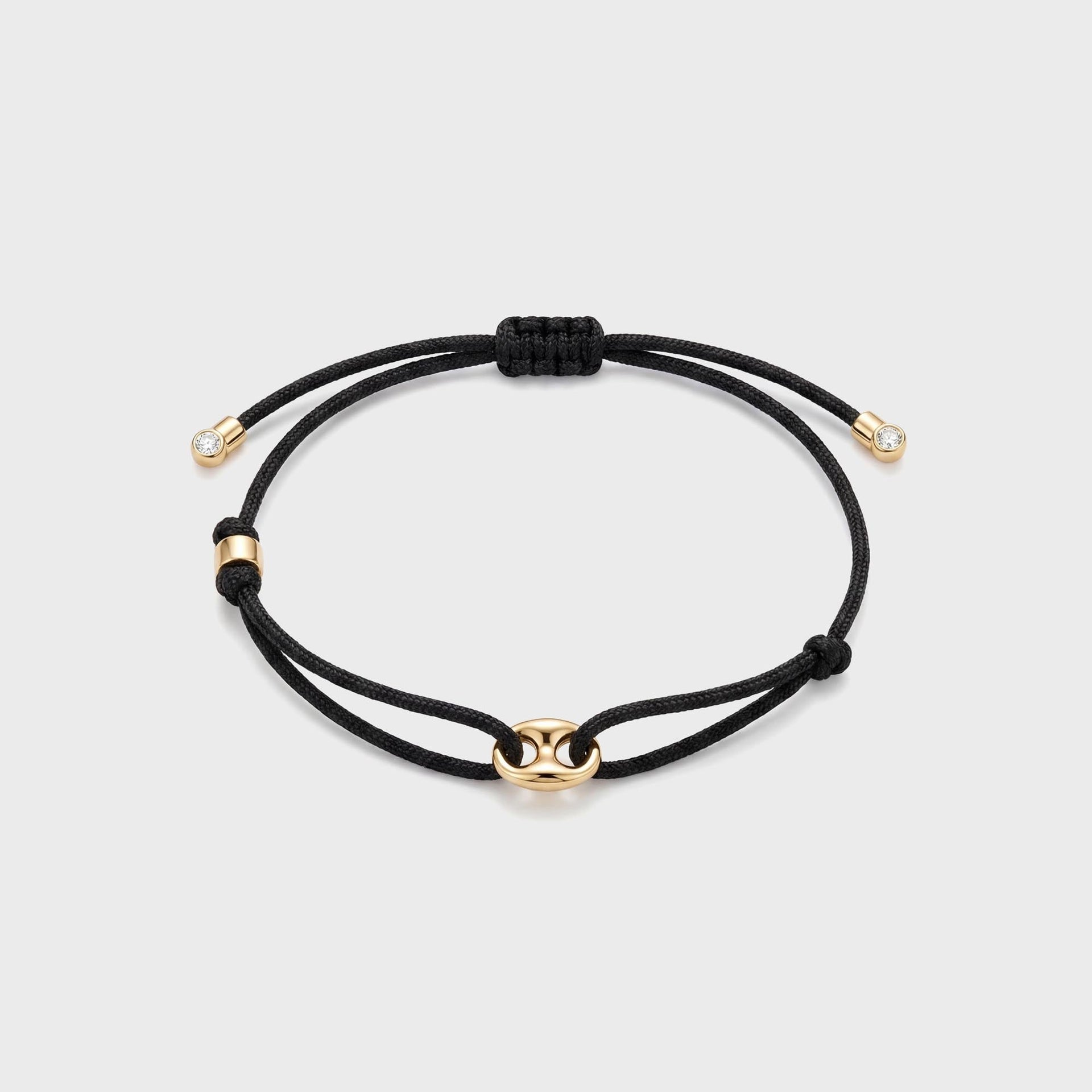 Greg Yuna Mariner adjustable black cord bracelet with single gold link charm and diamond-tip ends