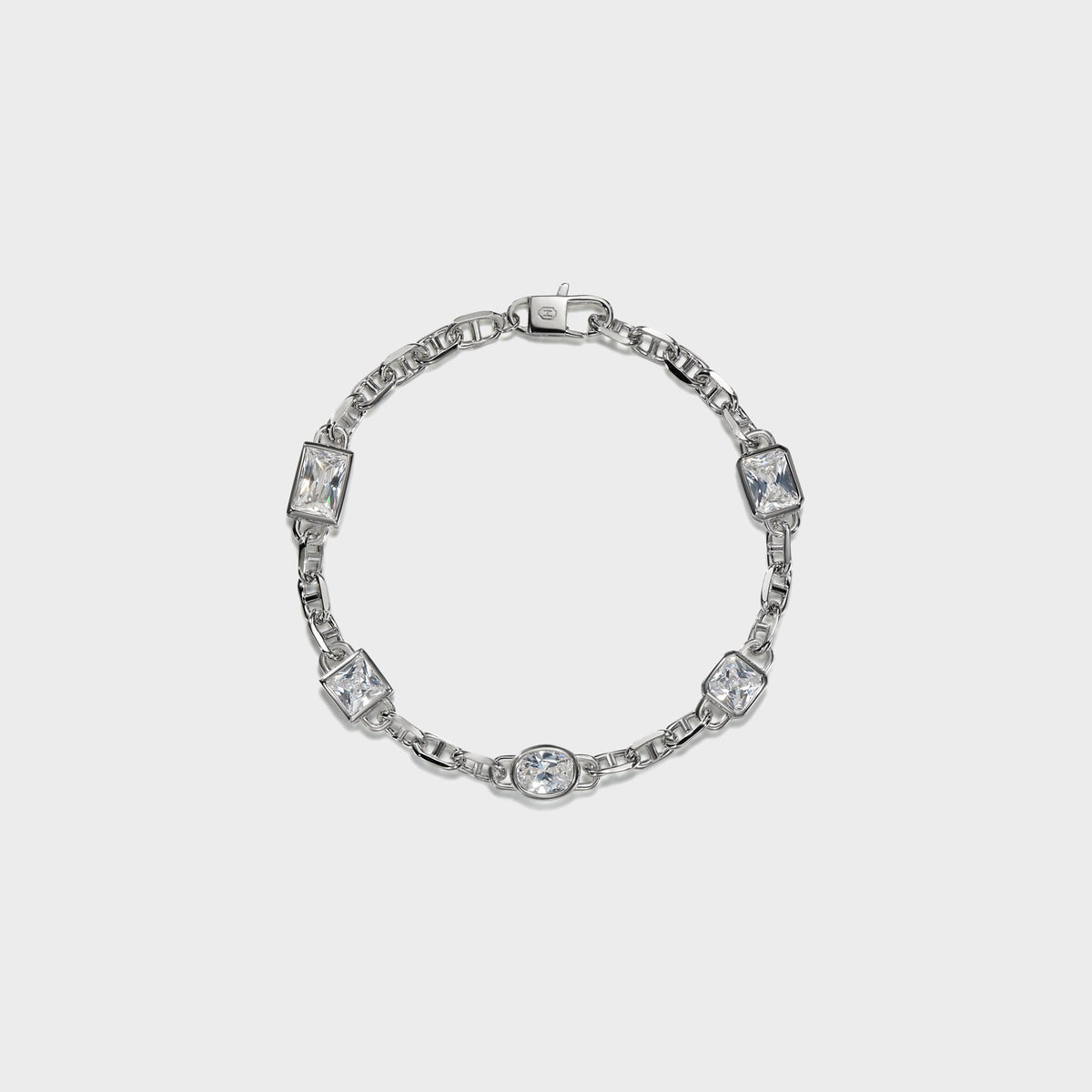Hatton Labs Sempione Bracelet in silver, full view of anchor-link chain with clear emerald-cut and oval stones and clasp