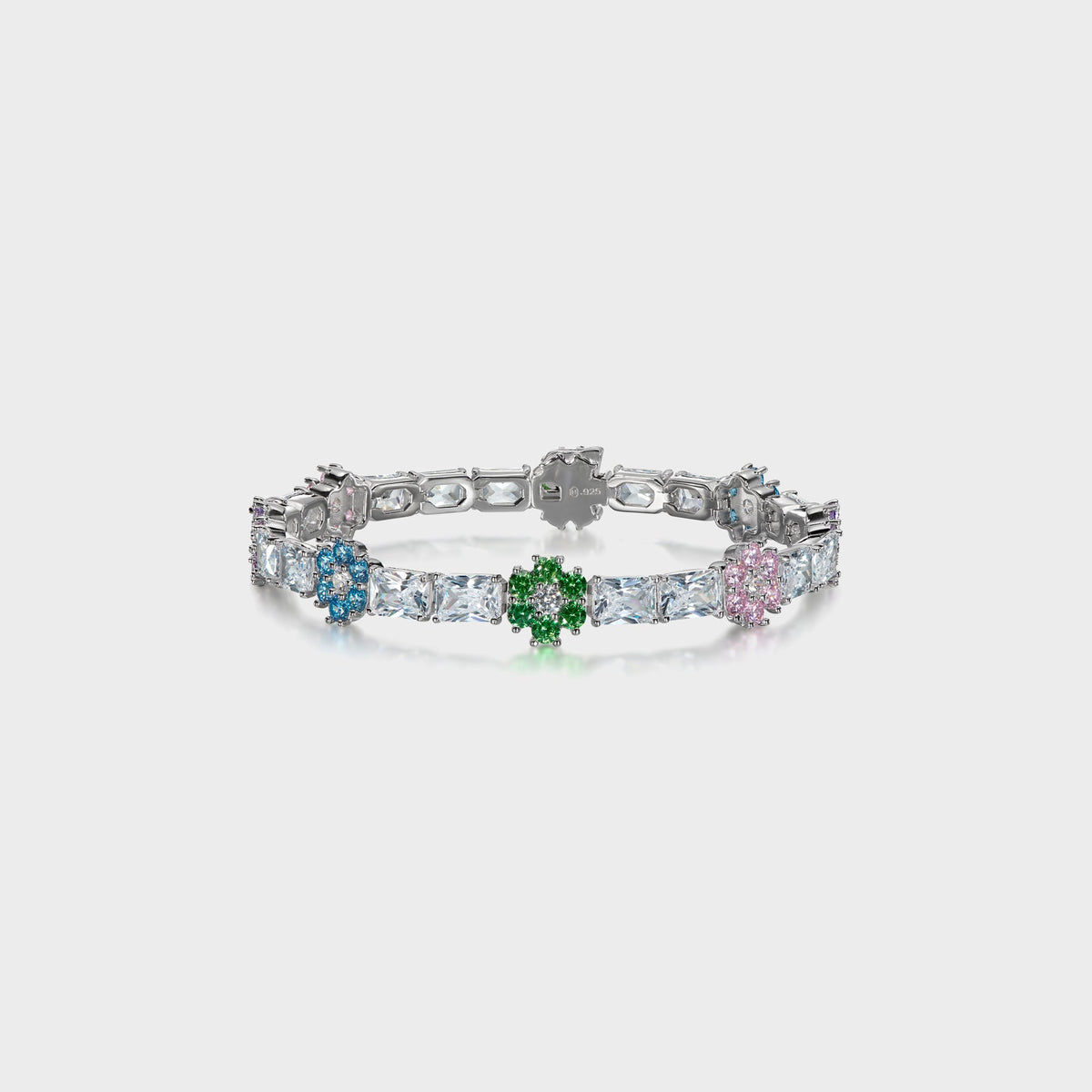 Hatton Labs Bloom Tennis Bracelet in white, full view with clear baguette stones and blue, green and pink flower stations