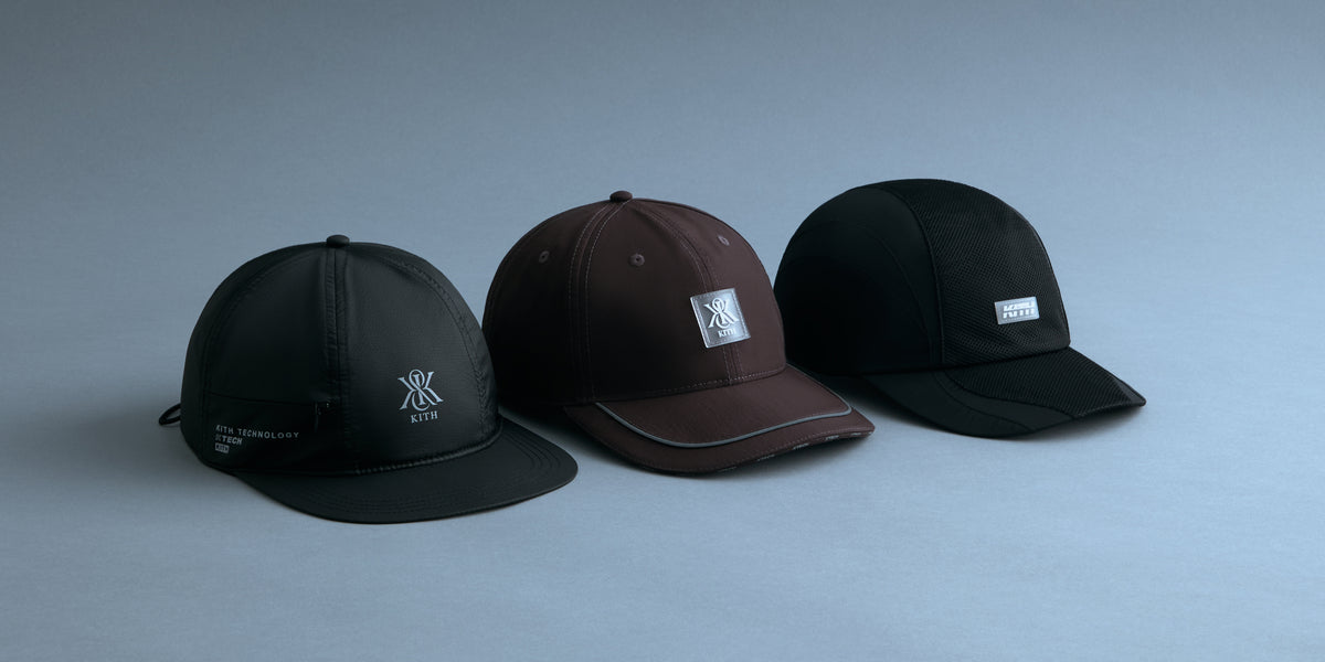 Three Kith Technology caps in black, brown, and black mesh, arranged side by side, desktop homepage banner