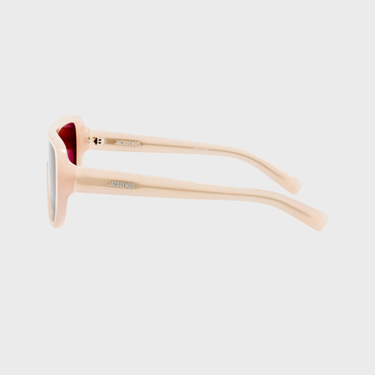 Jacquemus JAC156C2SUN aviator sunglasses in white, alternate close-up of the hinge and red temple tip