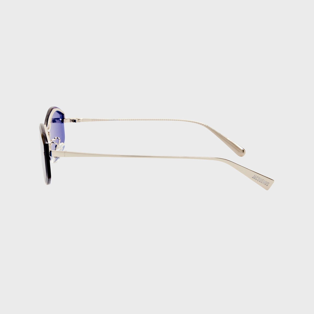 Jacquemus Jac 206 rimless sunglasses, angled rear view of the silver temple and hinge