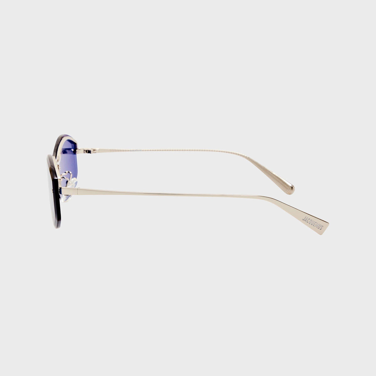 Jacquemus Jac 206 rimless sunglasses, side profile view of the silver temple tip