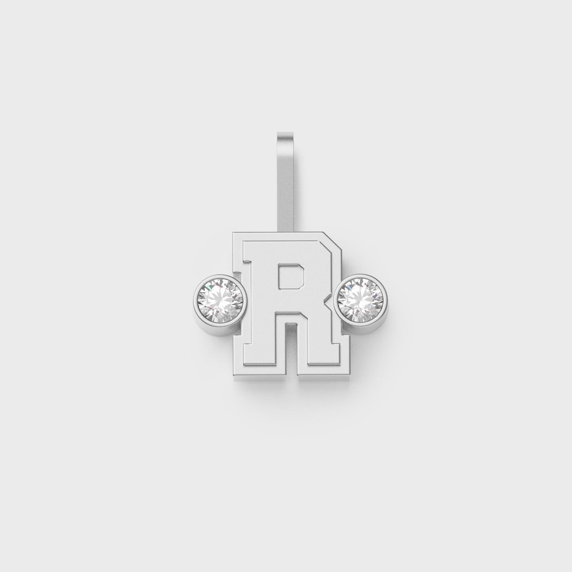 Greg Yuna Sylver Baby sterling silver letter R pendant flanked by two round bezel-set diamonds