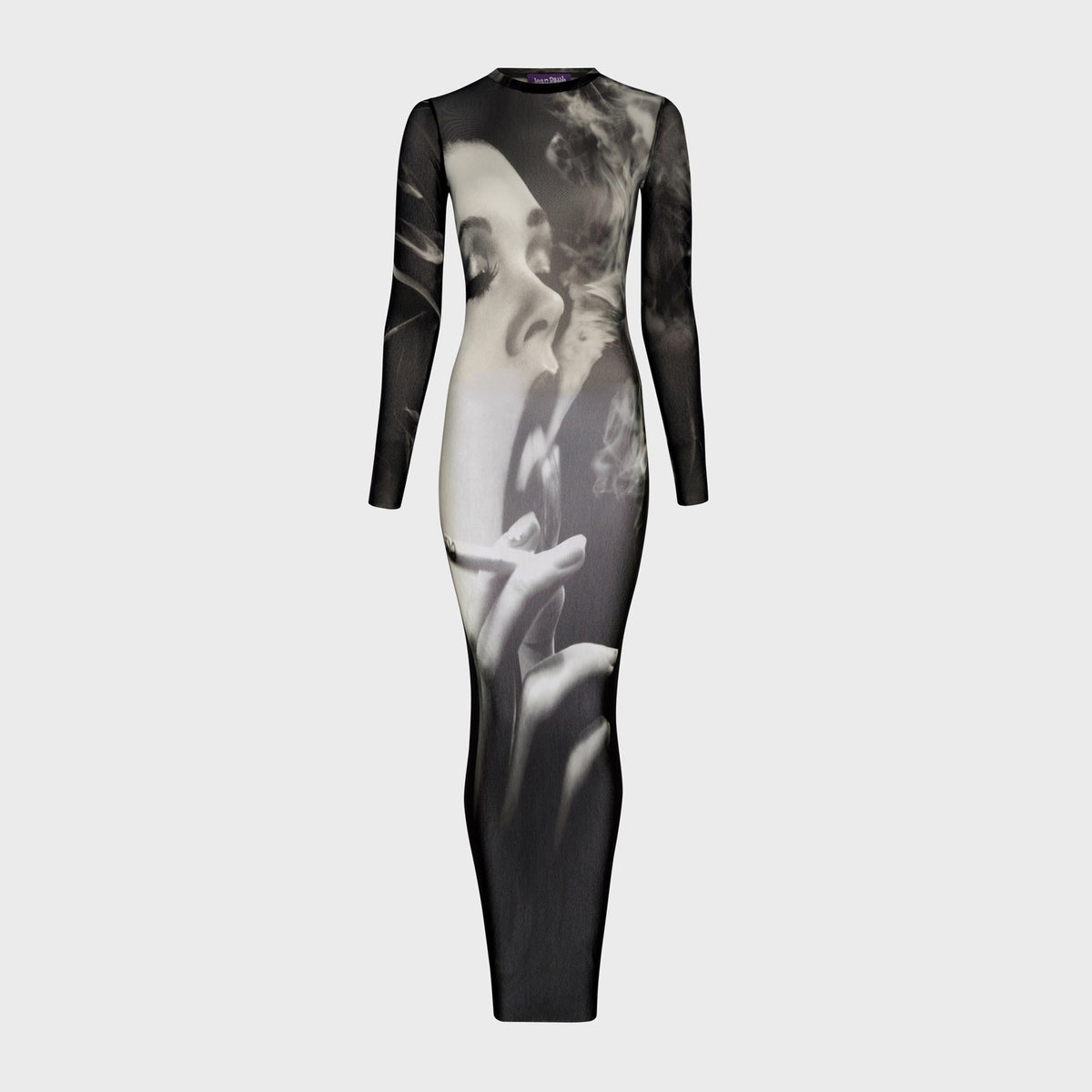 Jean Paul Gaultier The Smoking black mesh long dress with sheer photographic smoking woman print, flat lay