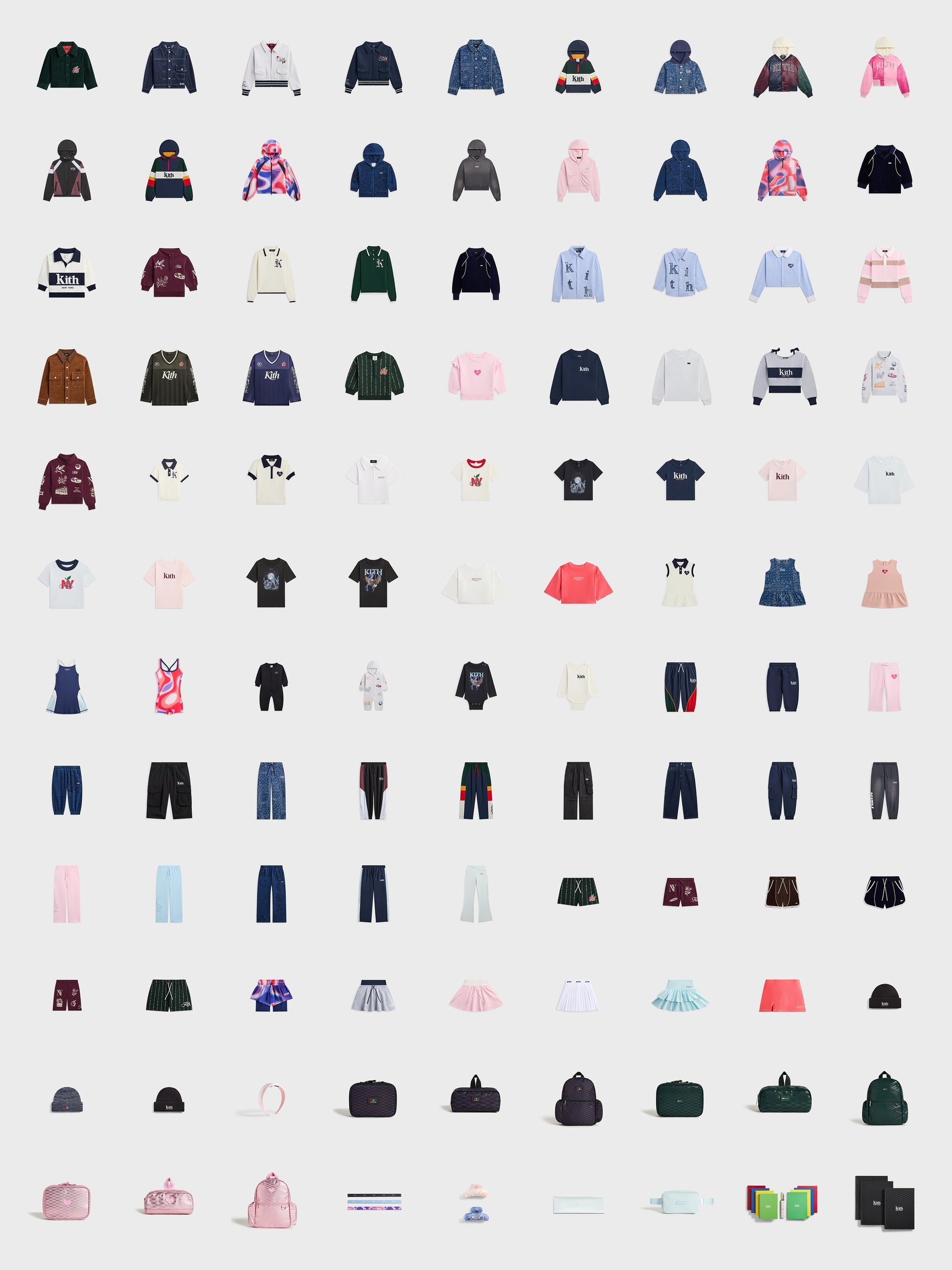 Flat-lay grid of the Kith Kids fall collection: jackets, hoodies, tees, pants, skirts, beanies and bags on light gray