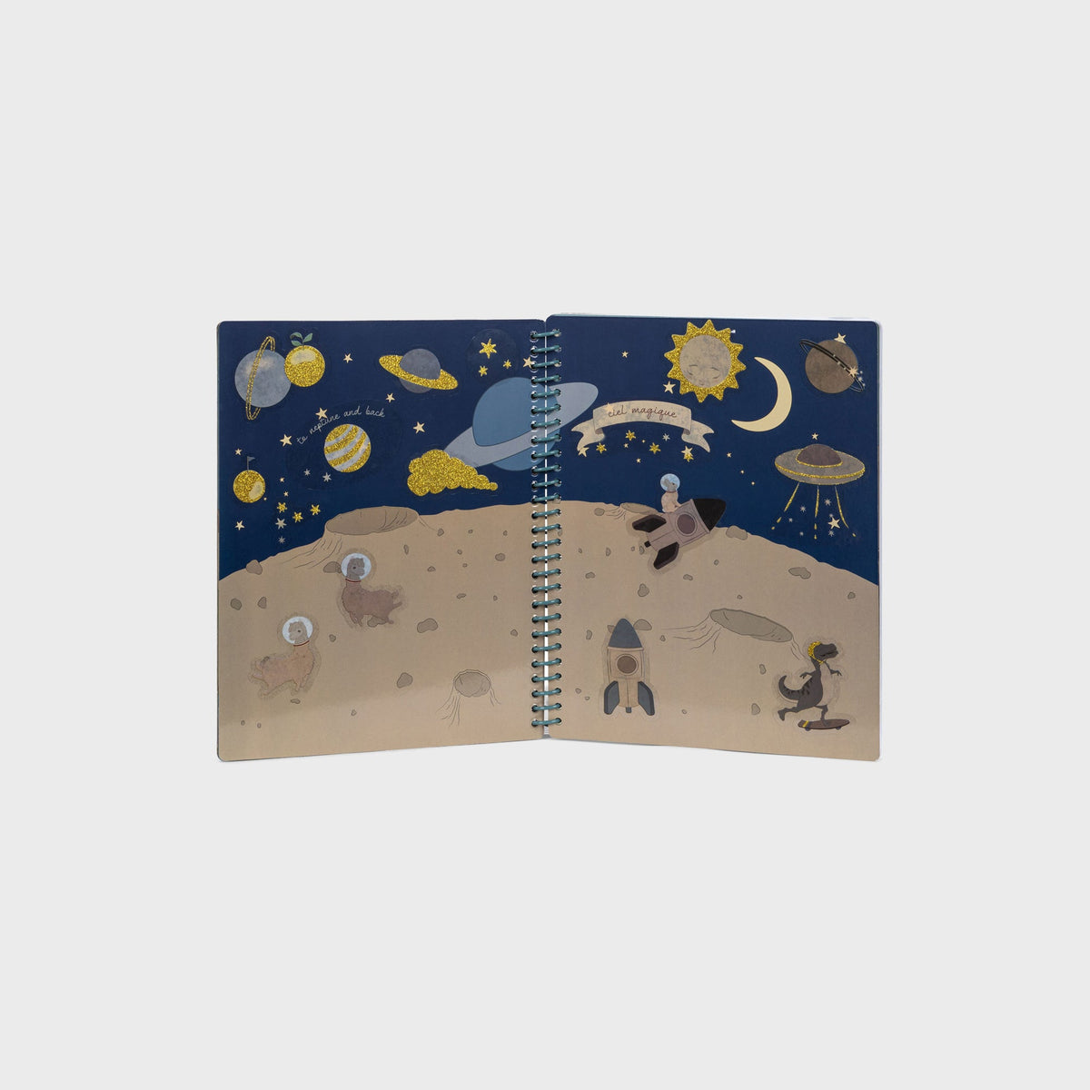 Konges Sløjd My Sticker Book in Green, open spread showing illustrated space and alien sticker pages