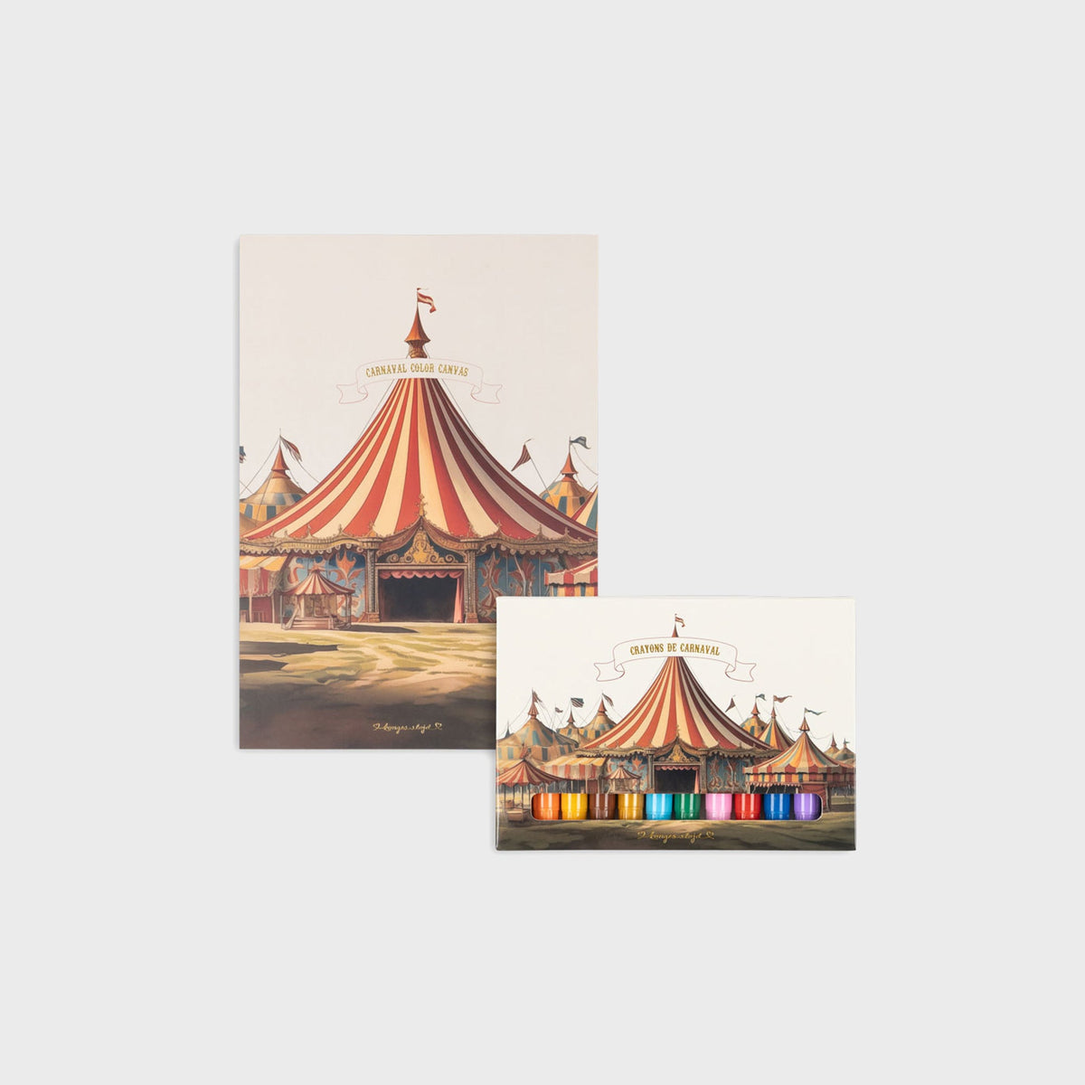 Konges Sløjd Gel Crayons & Drawing Pad in Multi, illustrated circus-themed drawing pad and crayon box set