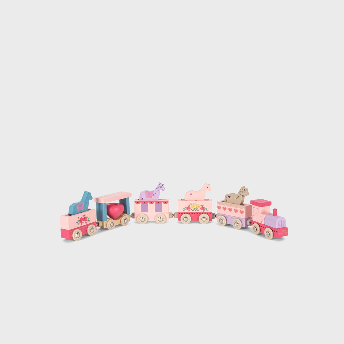 Konges Sløjd Unicorn Train in Pink, painted wooden toy train with unicorn and animal carriages, side view