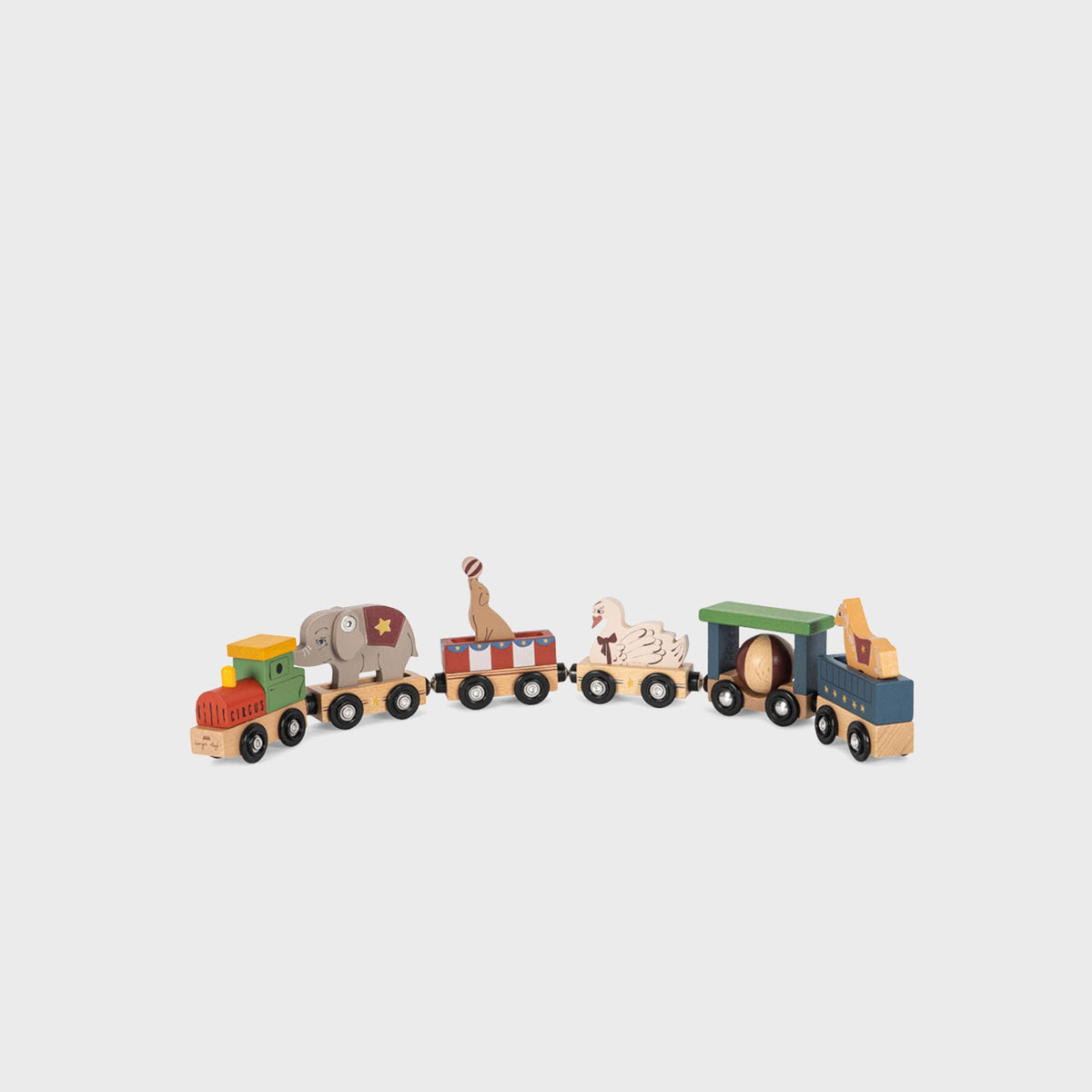 Konges Sløjd Wooden Animal Train in Multi, painted wooden toy train with animal-shaped carriages, side view