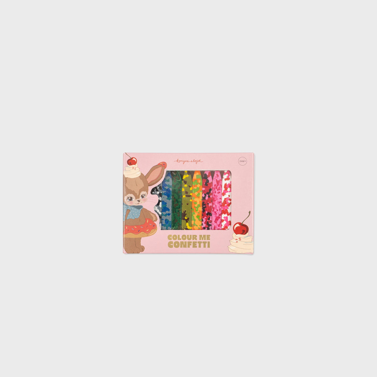 Konges Sløjd Confetti Crayons in Bunny packaging, boxed set of colorful patterned crayons, packaging front view