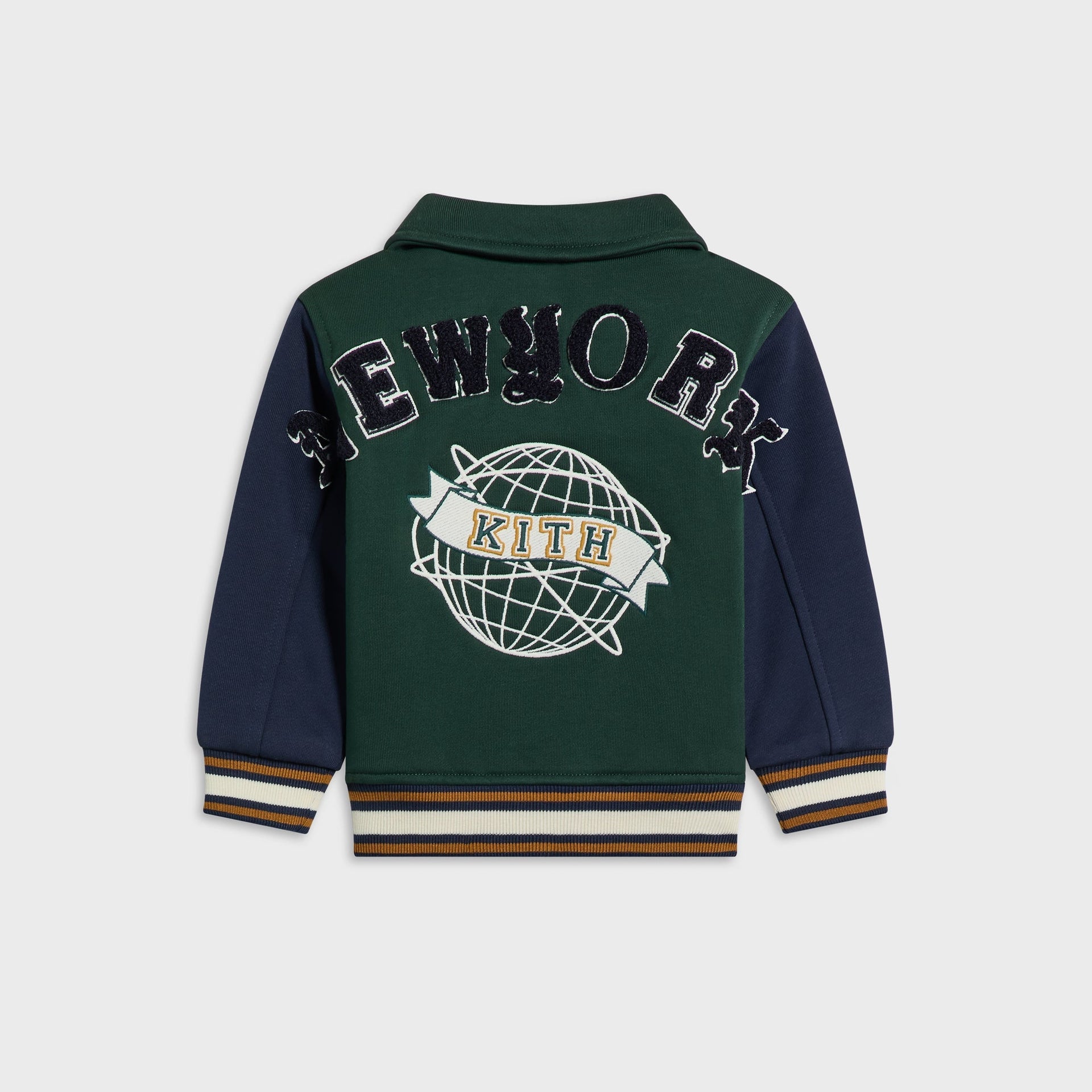 Kith Baby Varsity Jacket in Stadium colorway, flat lay back view with New York arched chenille lettering and embroidered globe Kith logo