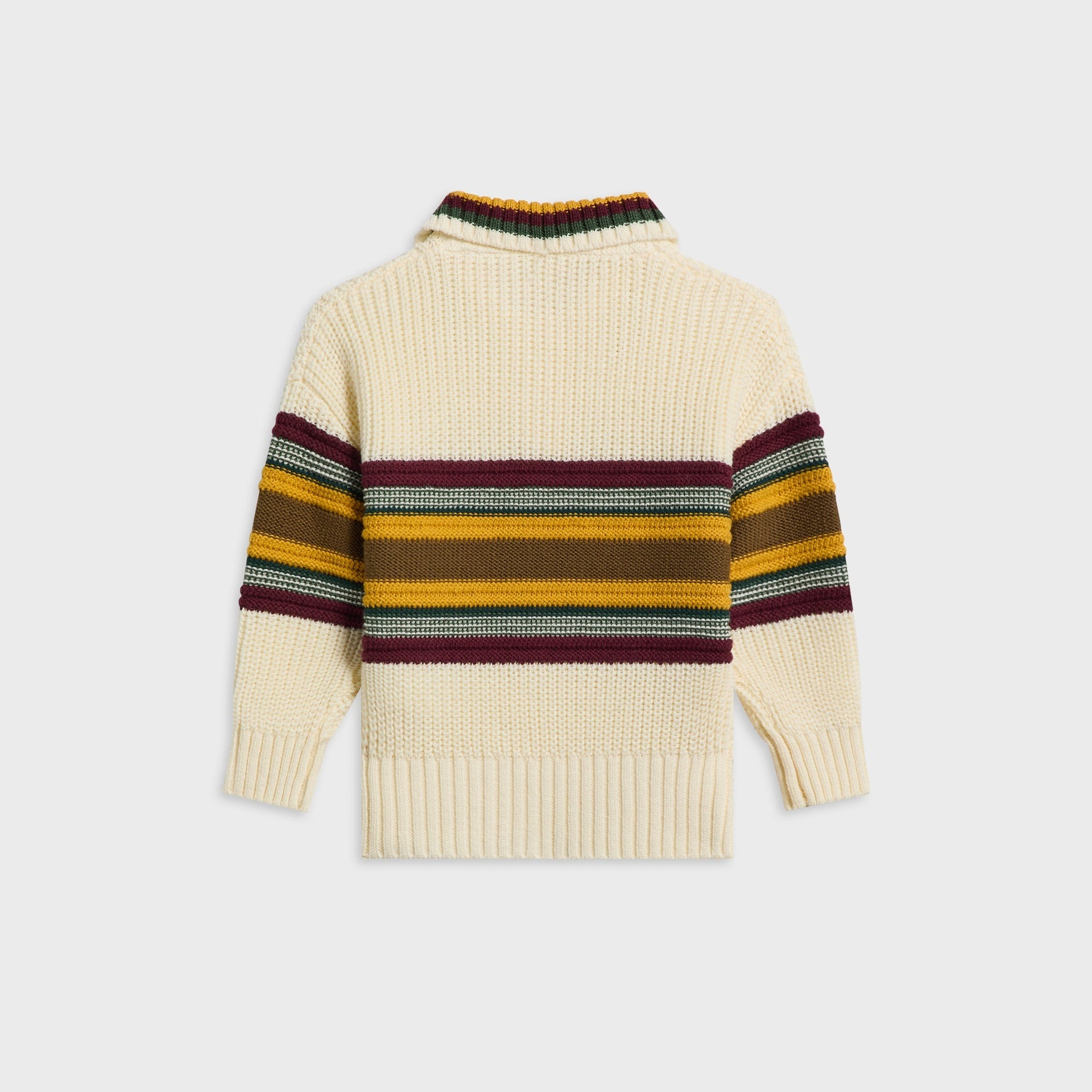 Kith Baby Chunky Knit Rugby Shirt in Sandrift, flat lay back view showing striped rib trim