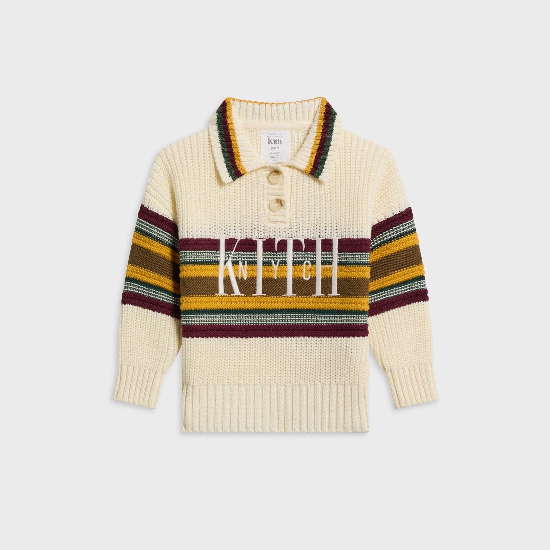 Kith Baby Chunky Knit Rugby Shirt in Sandrift, flat lay front view with striped collar and Knyth lettering across the chest