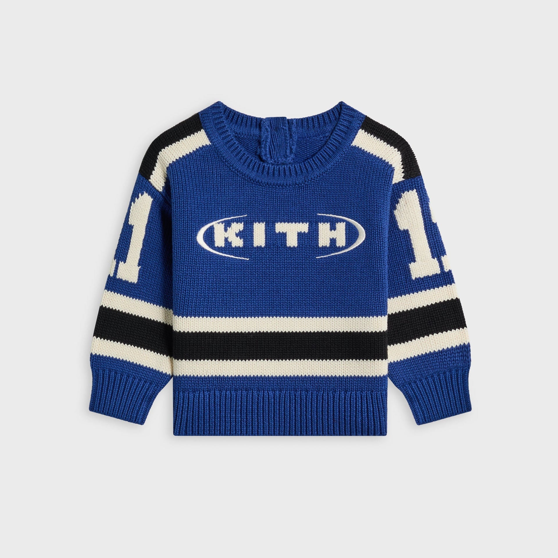 Kith Baby Varsity Nelson Knit Crewneck in Cyanotype, flat lay front view with blue and cream striping and Kith oval logo