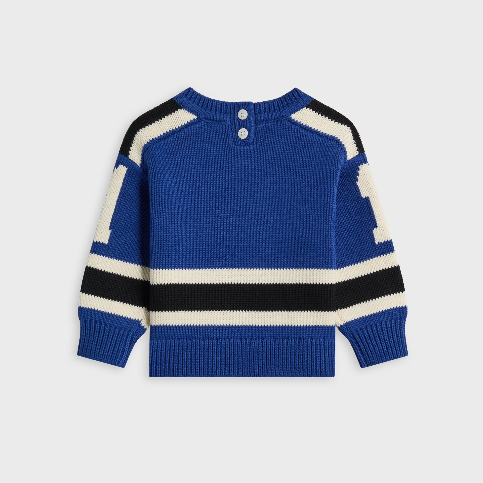 Kith Baby Varsity Nelson Knit Crewneck in Cyanotype, flat lay back view with black and cream stripe trim