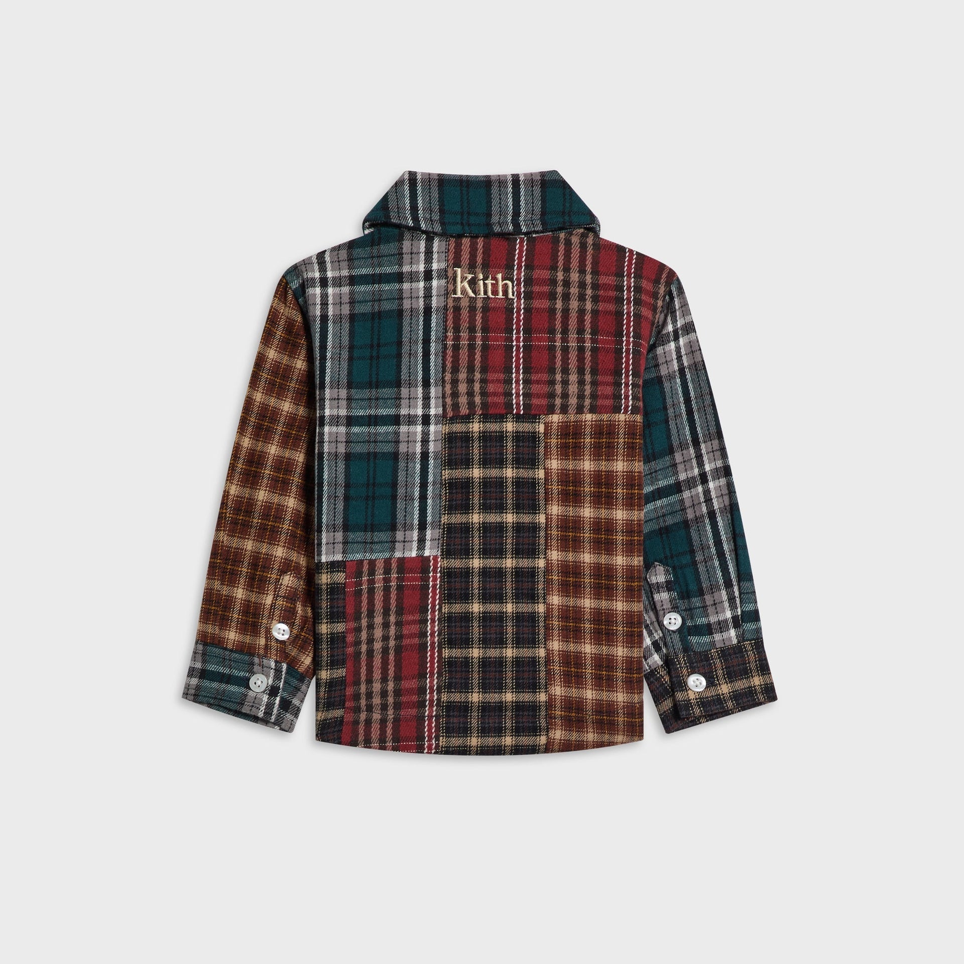 Kith Baby Patchwork Plaid Apollo Shirt in Chest colorway, flat lay back view with gold Kith embroidery