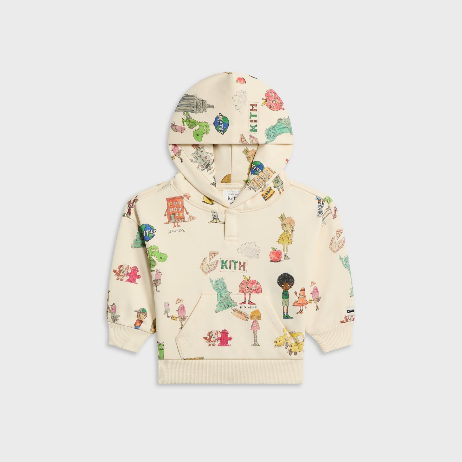 Kith Baby for Matthew Langille Nelson Hoodie in Sandrift, flat lay front view with illustrated New York City characters and skyline artwork
