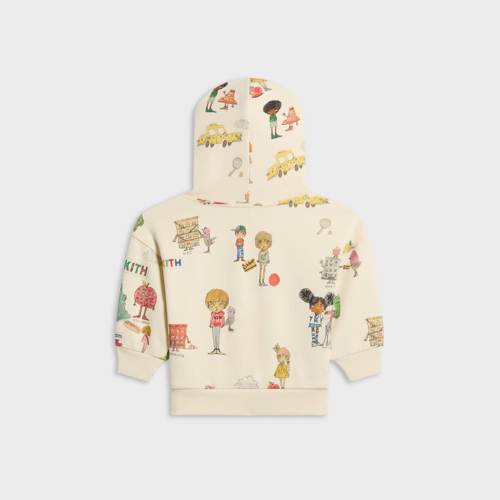 Kith Baby for Matthew Langille Nelson Hoodie in Sandrift, flat lay back view showing continued illustrated NYC print