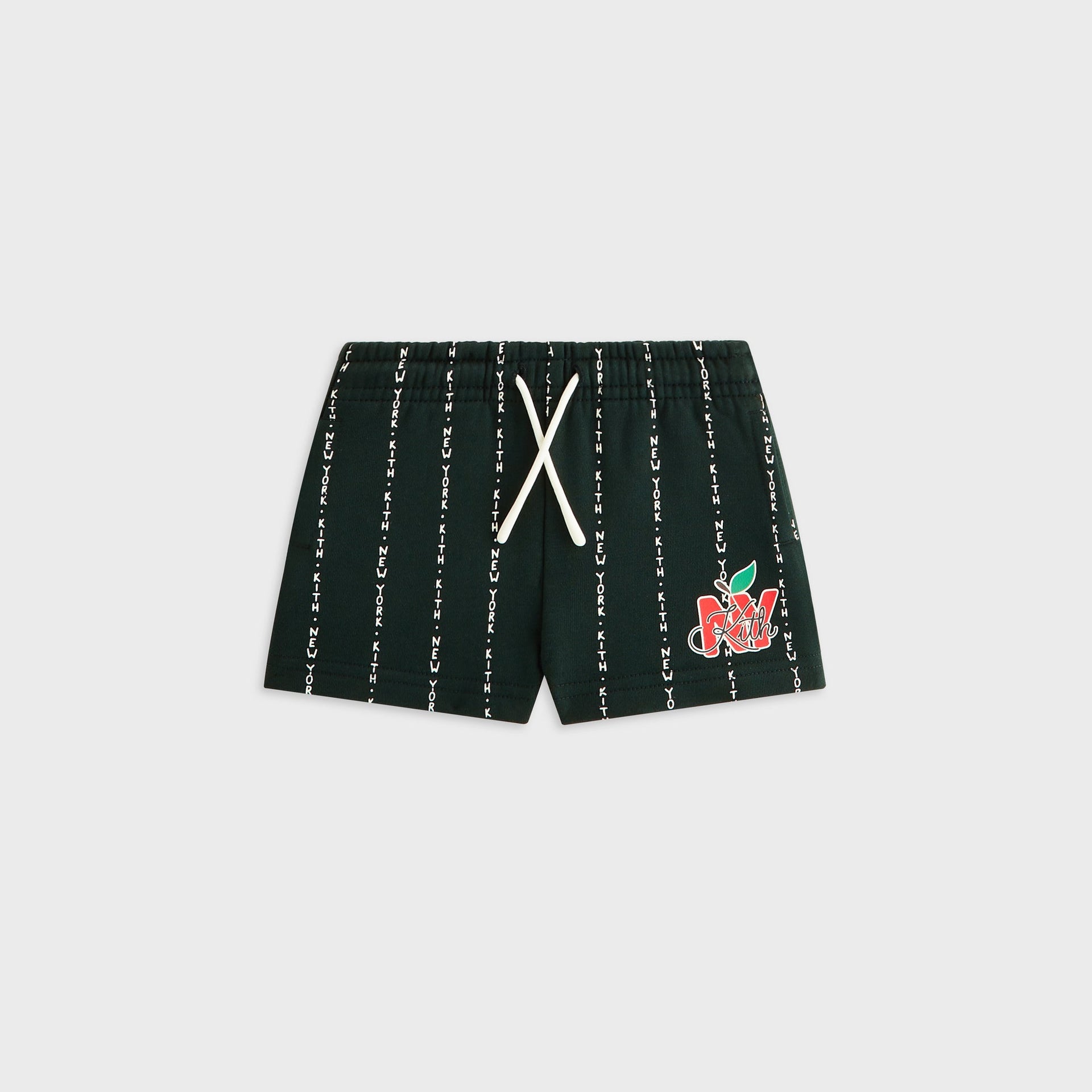 Kith Baby Liam Short in Stadium dark green with white Kith New York pinstripe text, front flat lay with drawstring waist and NY apple logo