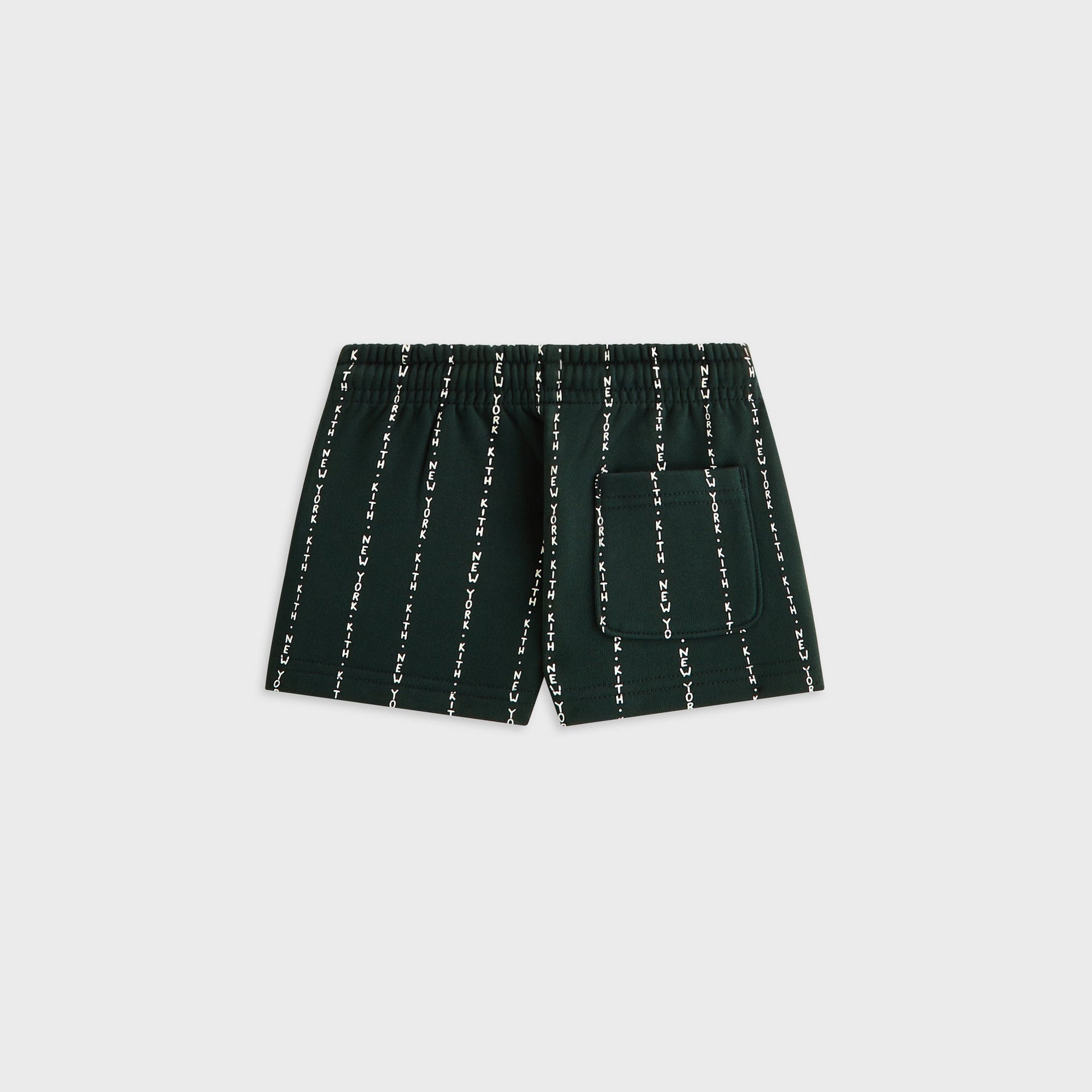 Kith Baby Liam Short in Stadium green Kith New York pinstripe, back view with patch pocket
