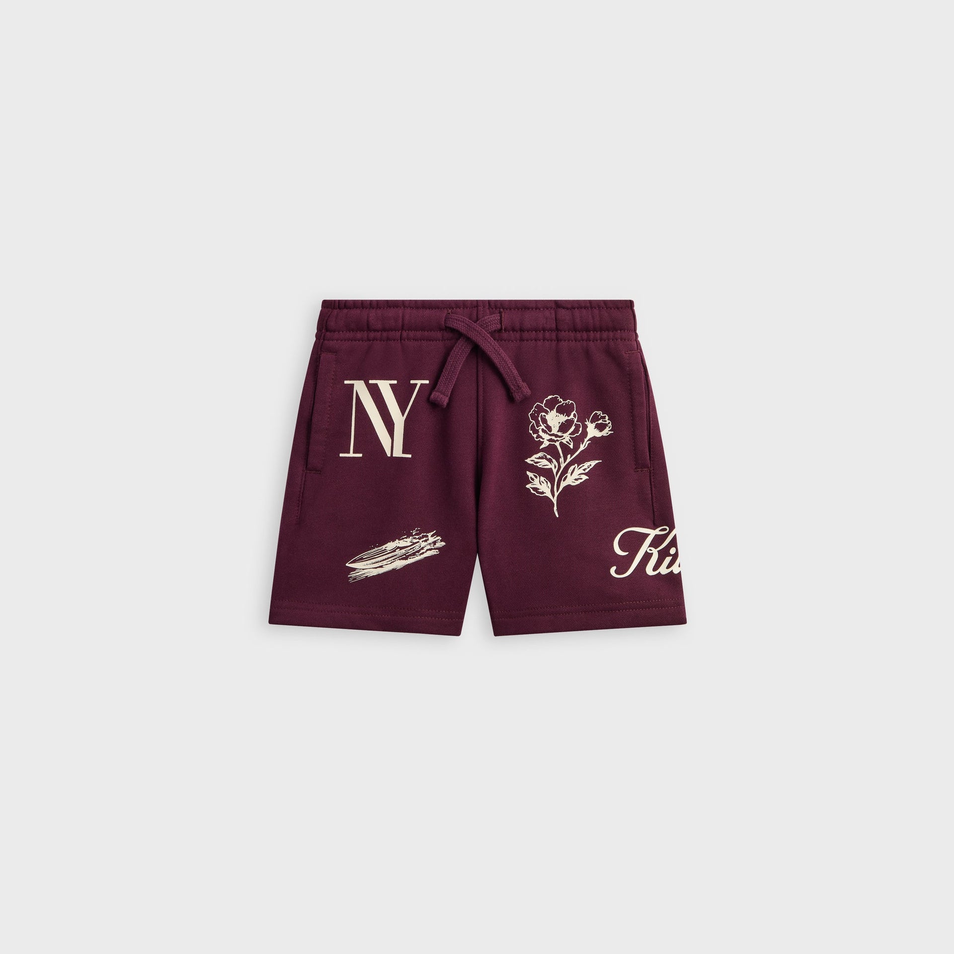 Kith Baby Logo Nelson Short in burgundy Essence, front flat lay with drawstring, cream NY, floral and Kith graphics
