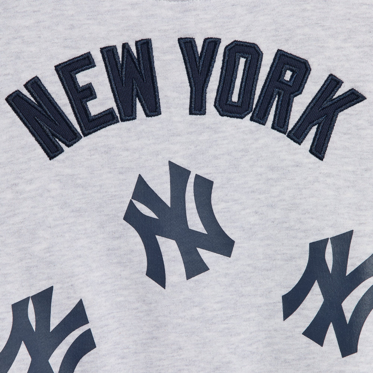 Kith Baby for the New York Yankees Nelson Crewneck, close-up of the arched New York embroidery on the back