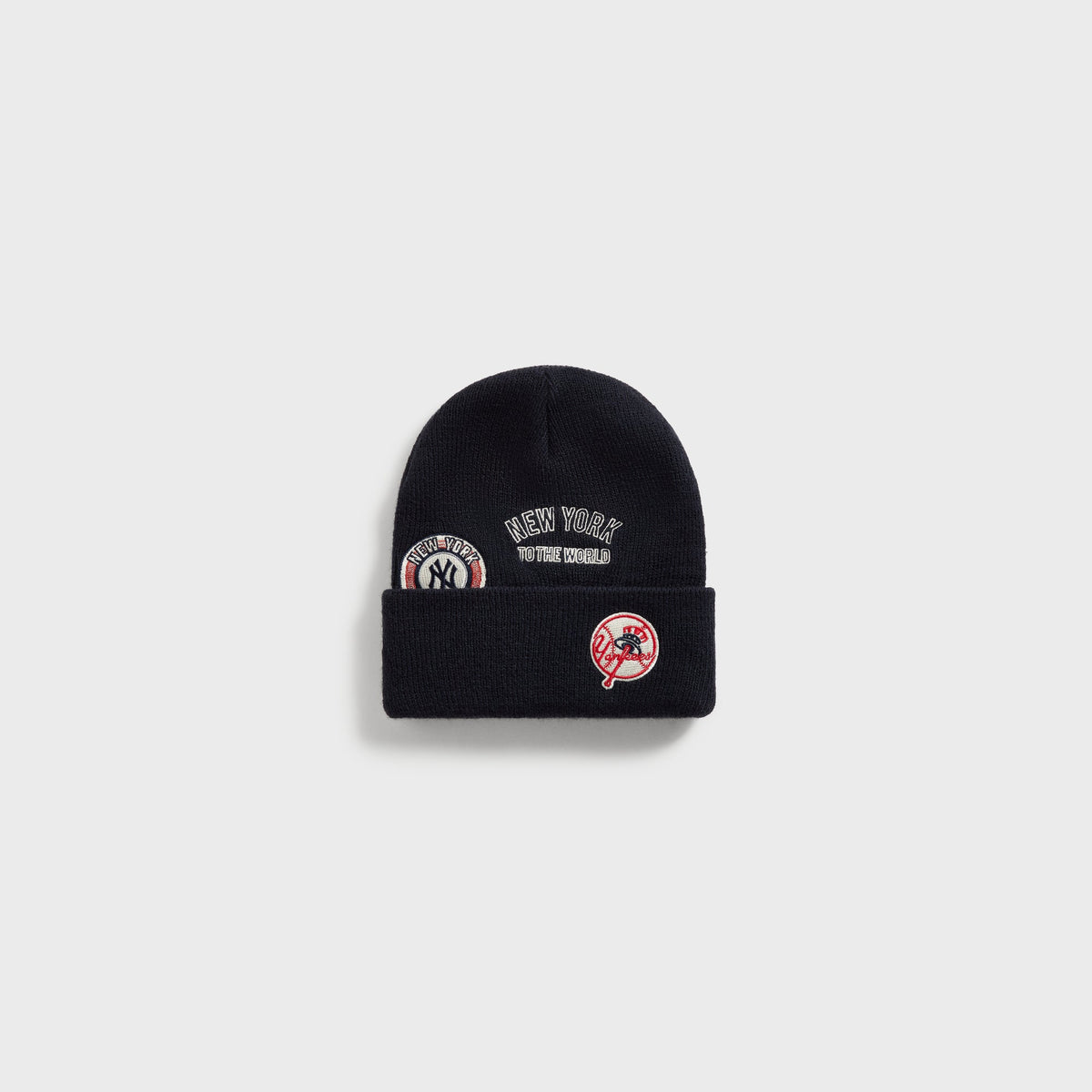 Kith Baby & '47 for the New York Yankees acrylic beanie in Nocturnal navy, close-up of the embroidered NY logo and Kith wordmark on the cuff