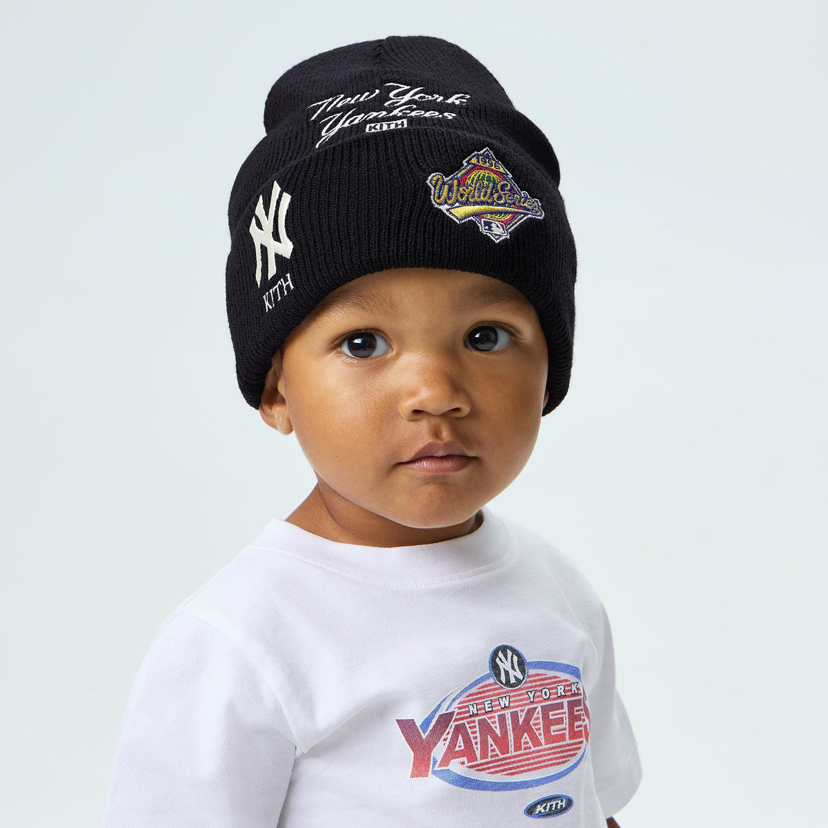 Kith Baby & '47 for the New York Yankees acrylic beanie in Nocturnal navy, worn by a baby model, front view