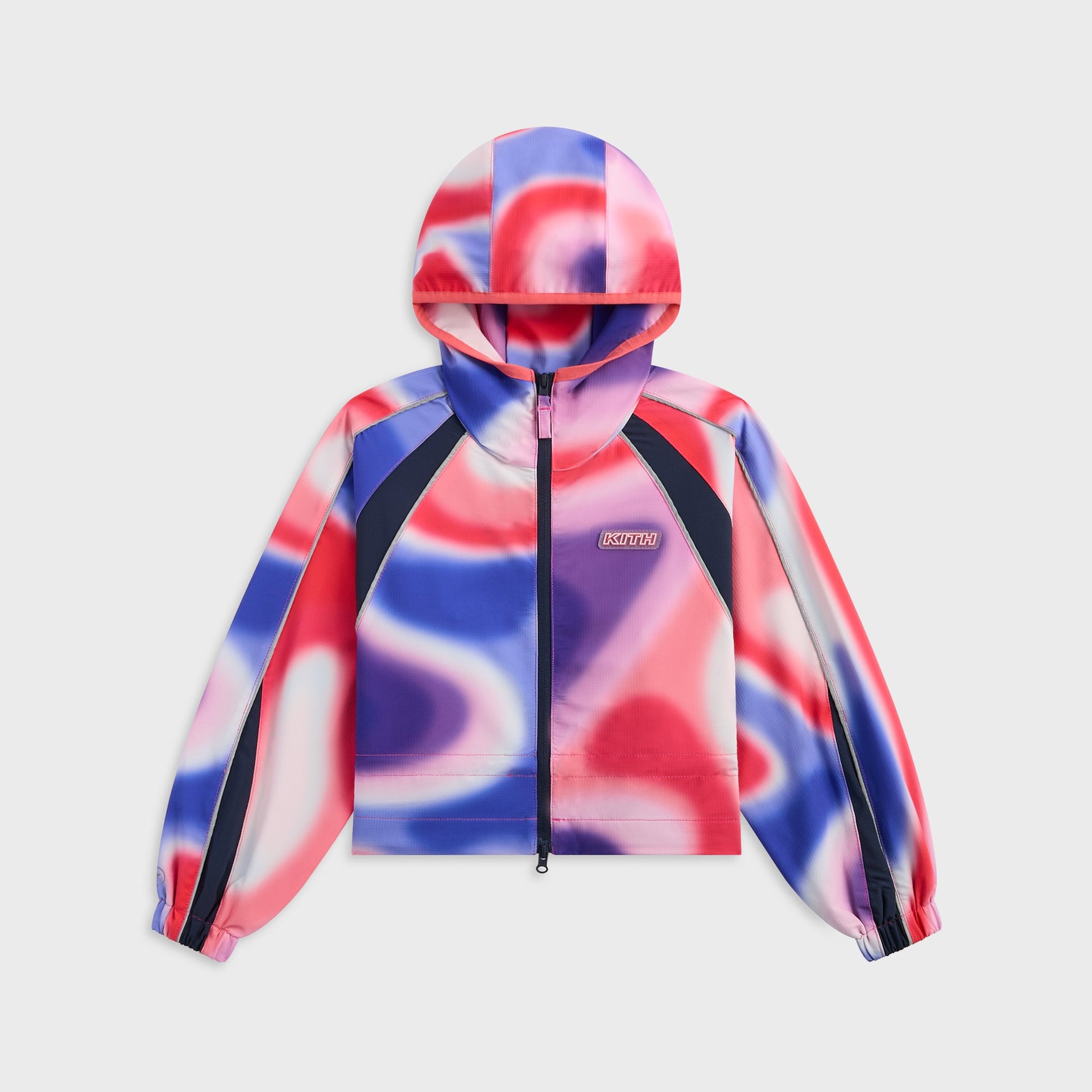 Kith Kids Lora Windbreaker in Tempo pink, red and purple swirl print, front flat lay with hood, full zip and KITH patch