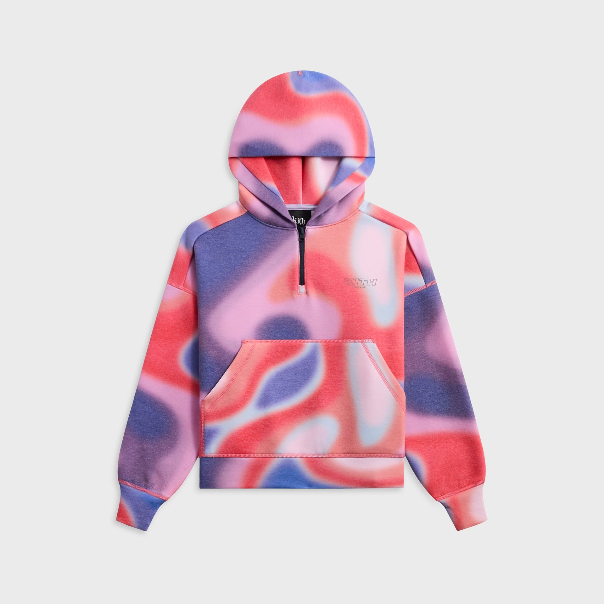 Kith Kids Printed Adinah Quarter Zip hoodie in Tempo red, blue and pink swirl print, flat lay front view