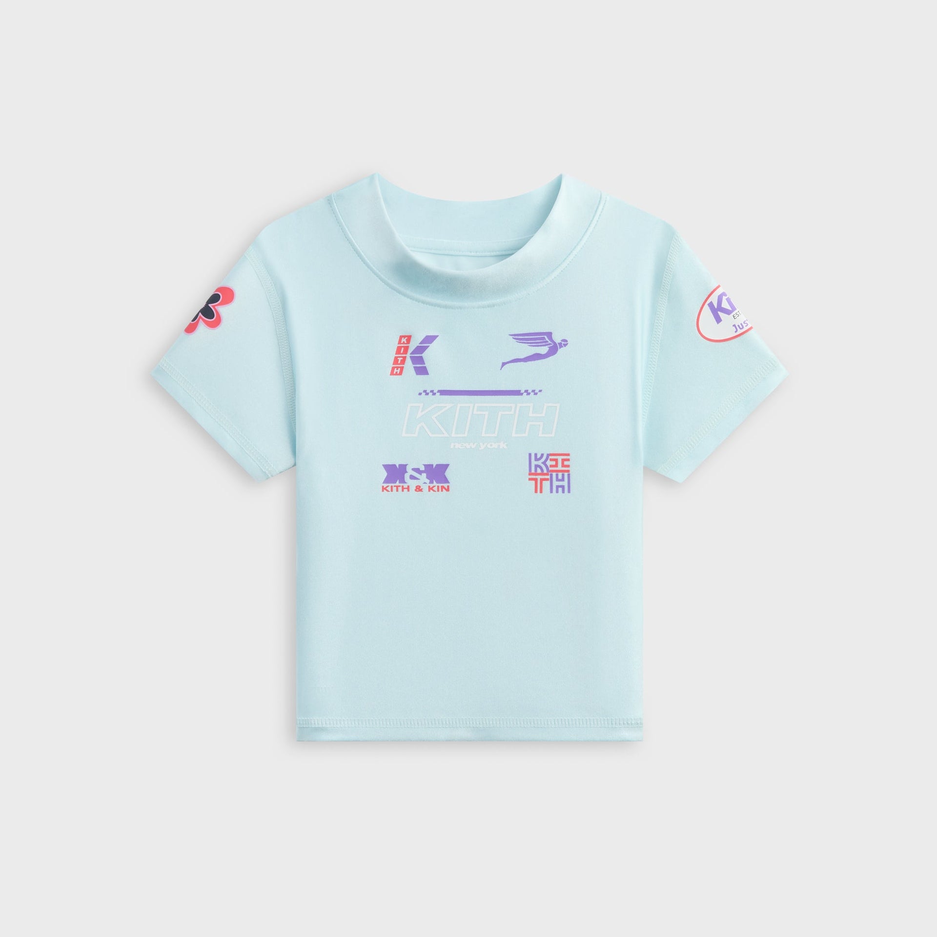 Kith Kids Active Mulberry Logo Tee in light blue, front flat lay with multicolor Kith graphics