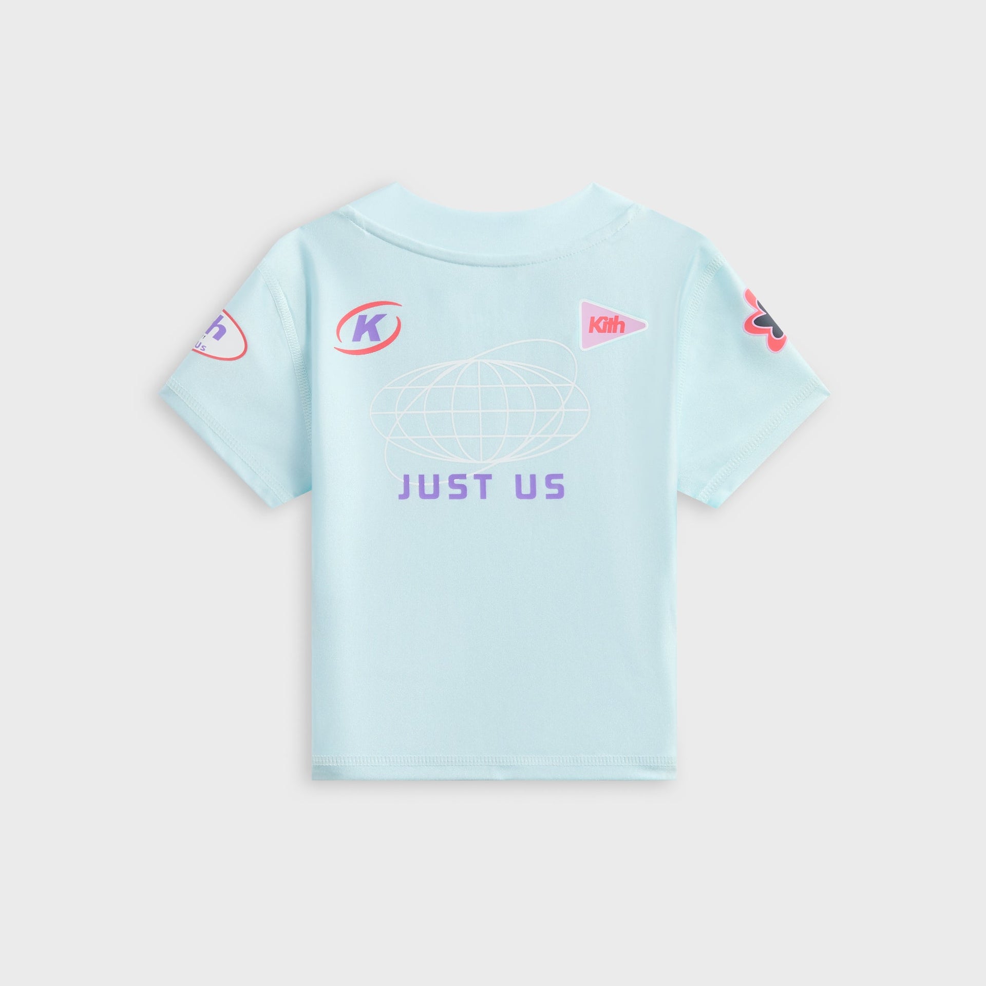 Kith Kids Active Mulberry Logo Tee in light blue, back flat lay with Just Us globe graphic