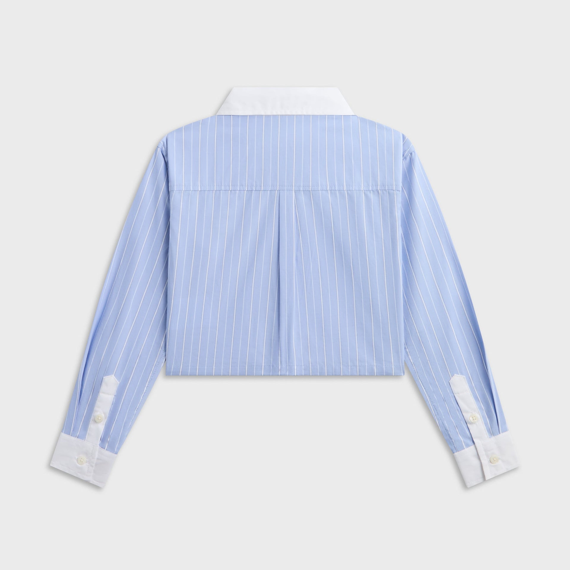 Kith Kids Cropped Apollo Shirt in blue and white stripe, back flat lay with white cuffs