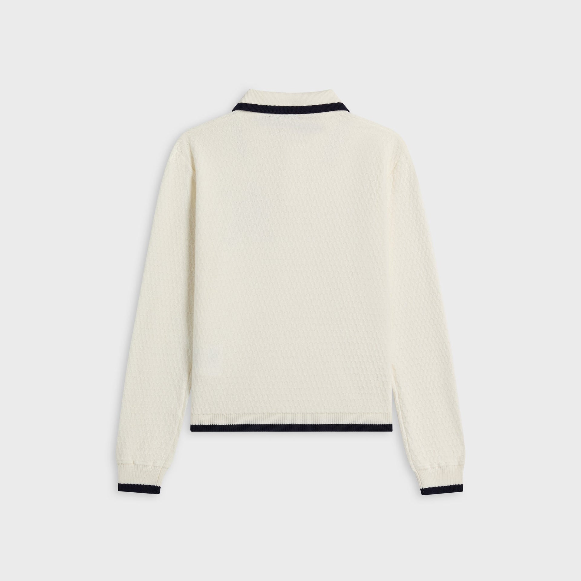 Kith Kids Tilden Long Sleeve Polo in cream knit, back flat lay with navy-tipped collar and cuffs