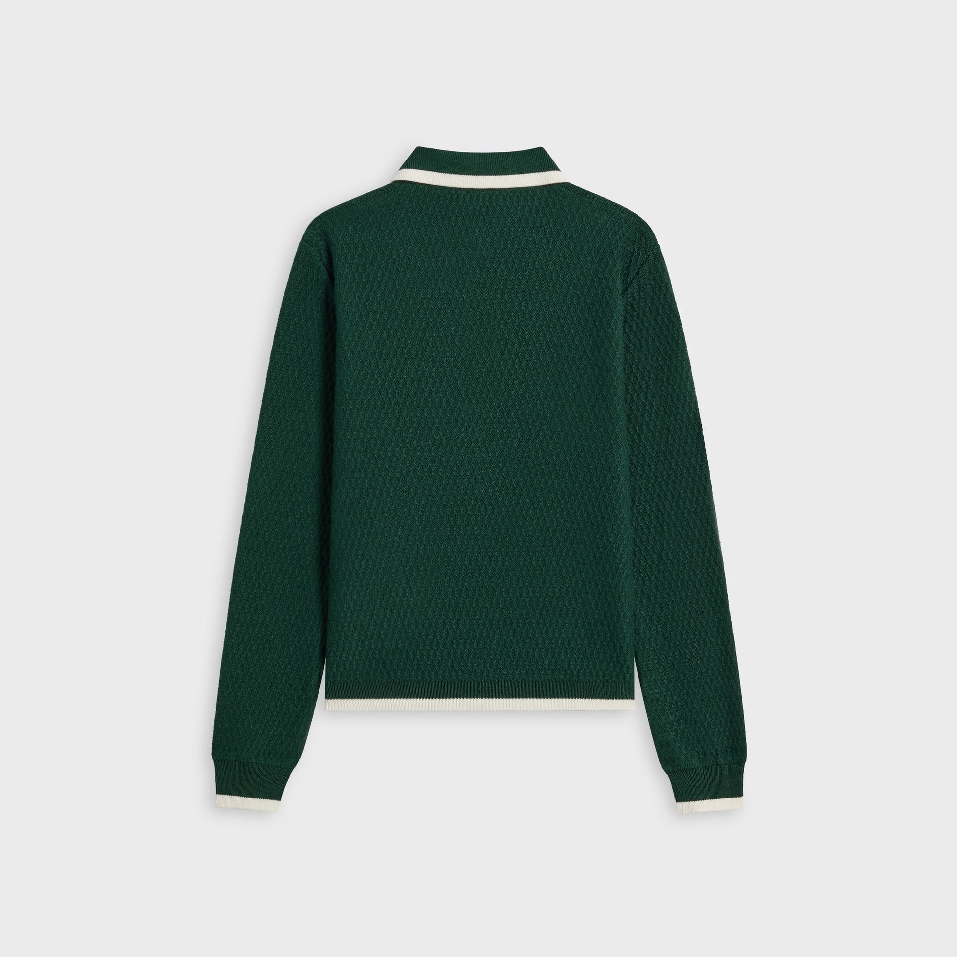 Kith Kids Tilden Long Sleeve Polo in dark green, back flat lay with cream-tipped collar and cuffs