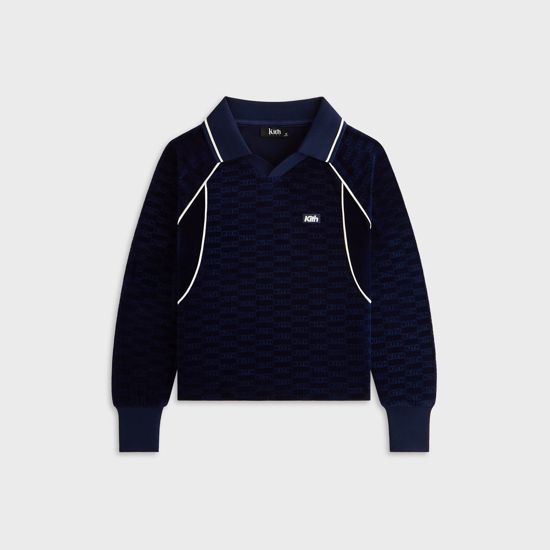 Kith Kids Monogram Velour Soccer Jersey in navy, front collared view with tonal Kith monogram and white piping