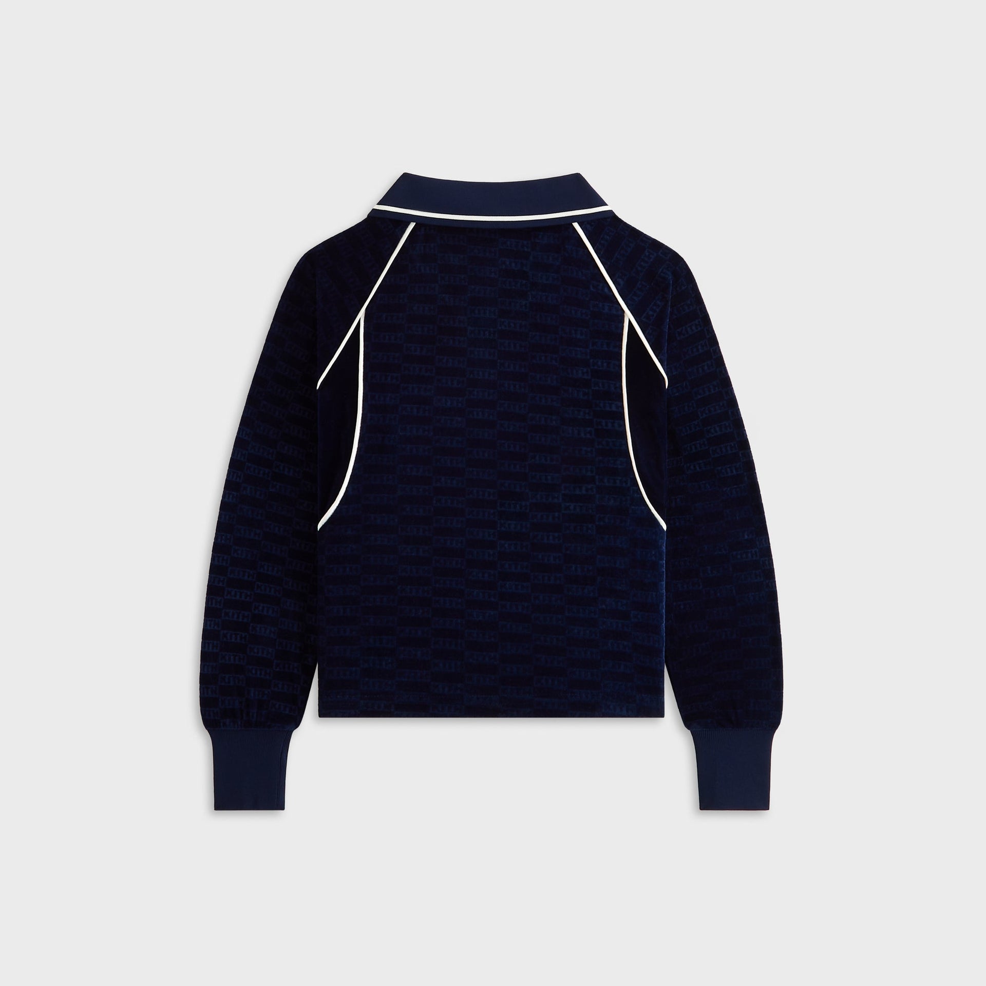 Kith Kids Monogram Velour Soccer Jersey in navy, back view with tonal Kith monogram and white piping