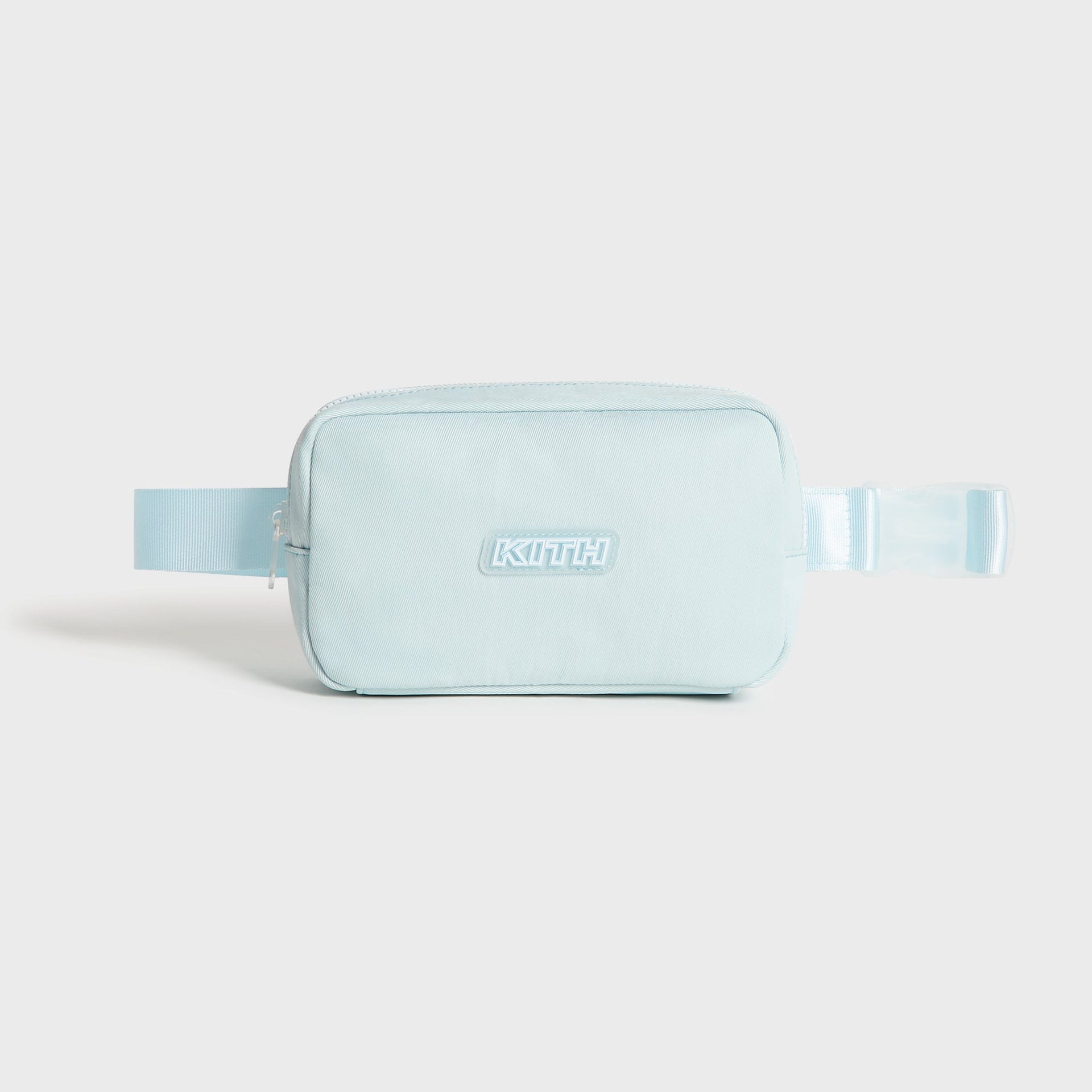 Kith Kids Active belt bag in light blue Surry, front view with KITH rubber logo patch and adjustable strap