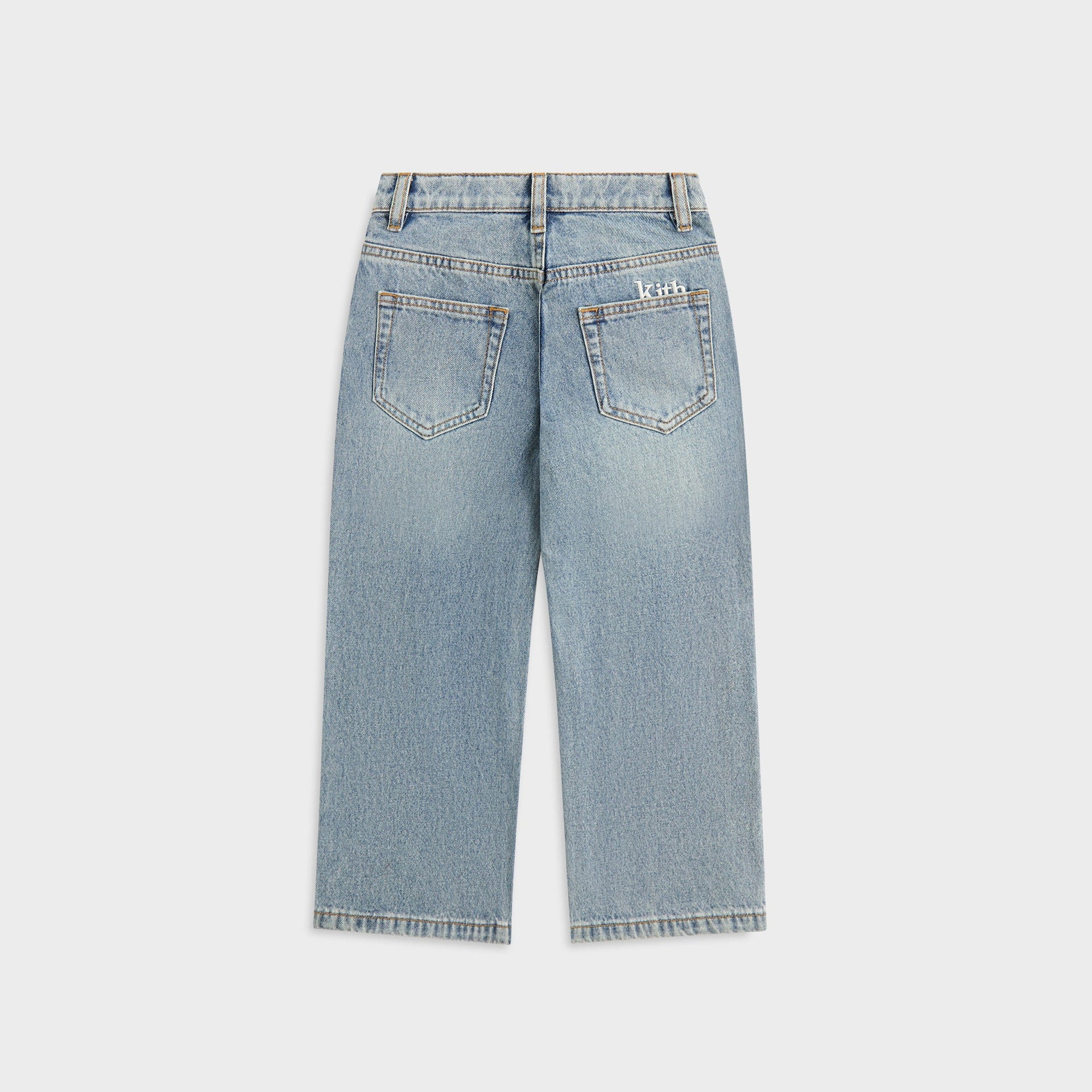 Kith Kids Heston Wide Leg Jean in Roman Wash, back view with two patch pockets and white Kith embroidery