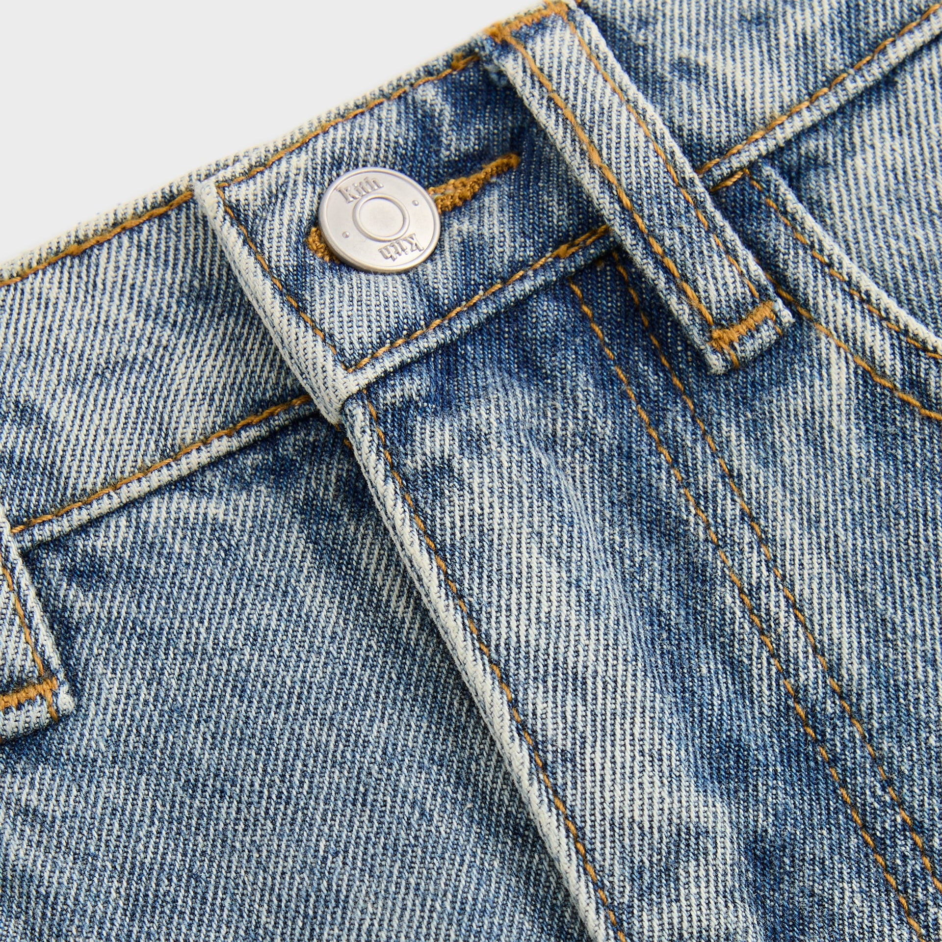 Kith Kids Heston Wide Leg Jean close-up of waistband, belt loops and silver Kith engraved shank button