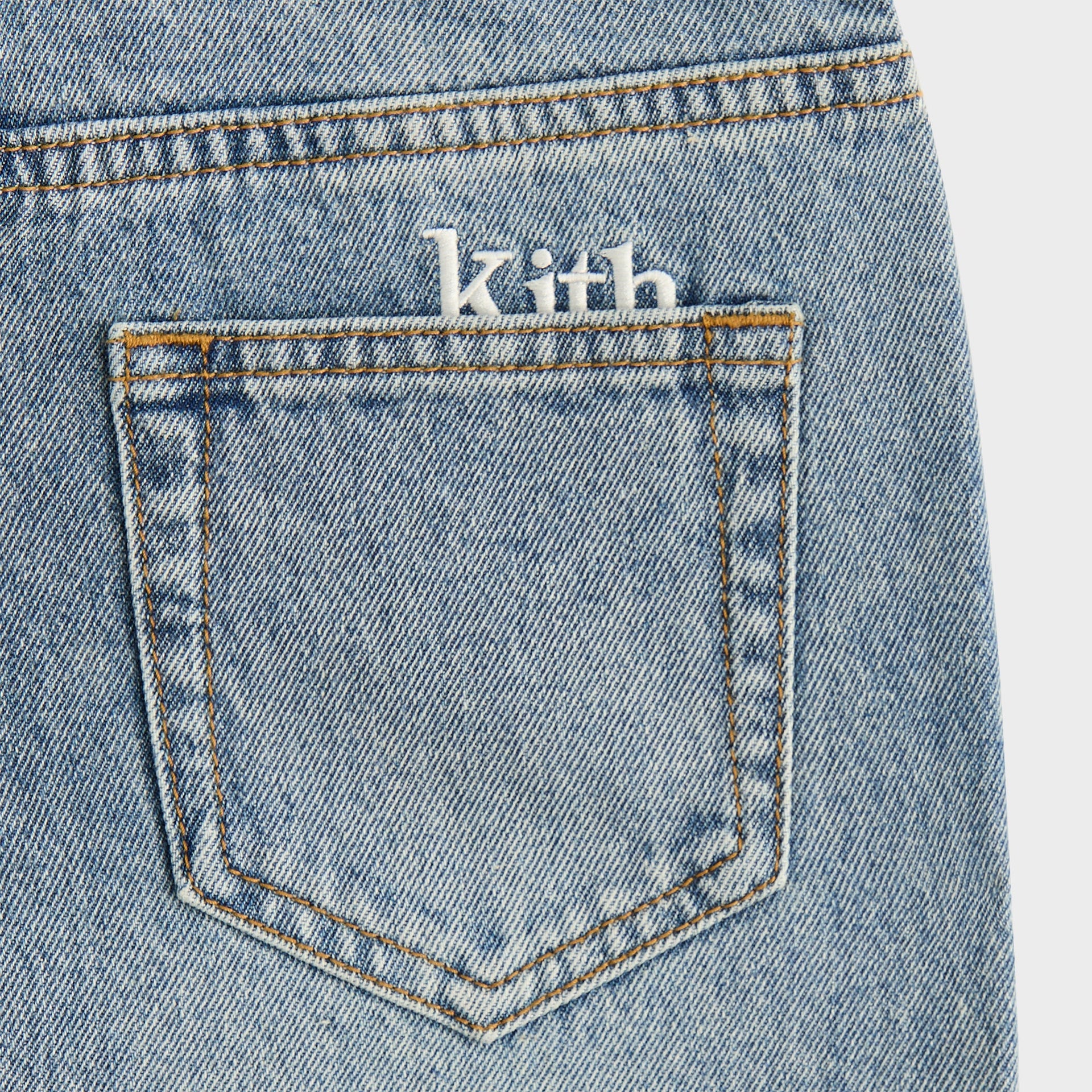 Kith Kids Heston Wide Leg Jean detail of back pocket with white Kith embroidery and contrast topstitching
