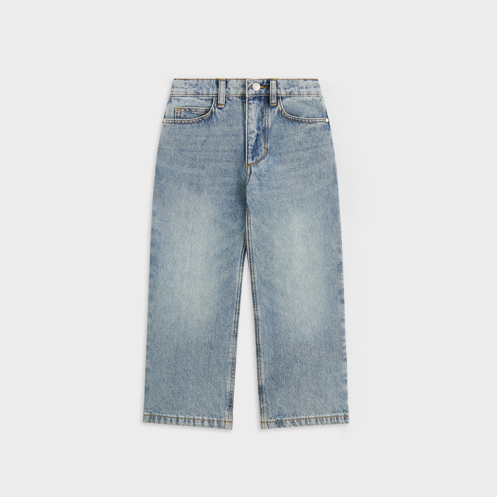 Kith Kids Heston Wide Leg Jean in Roman Wash light blue denim, front view flat lay with five-pocket styling