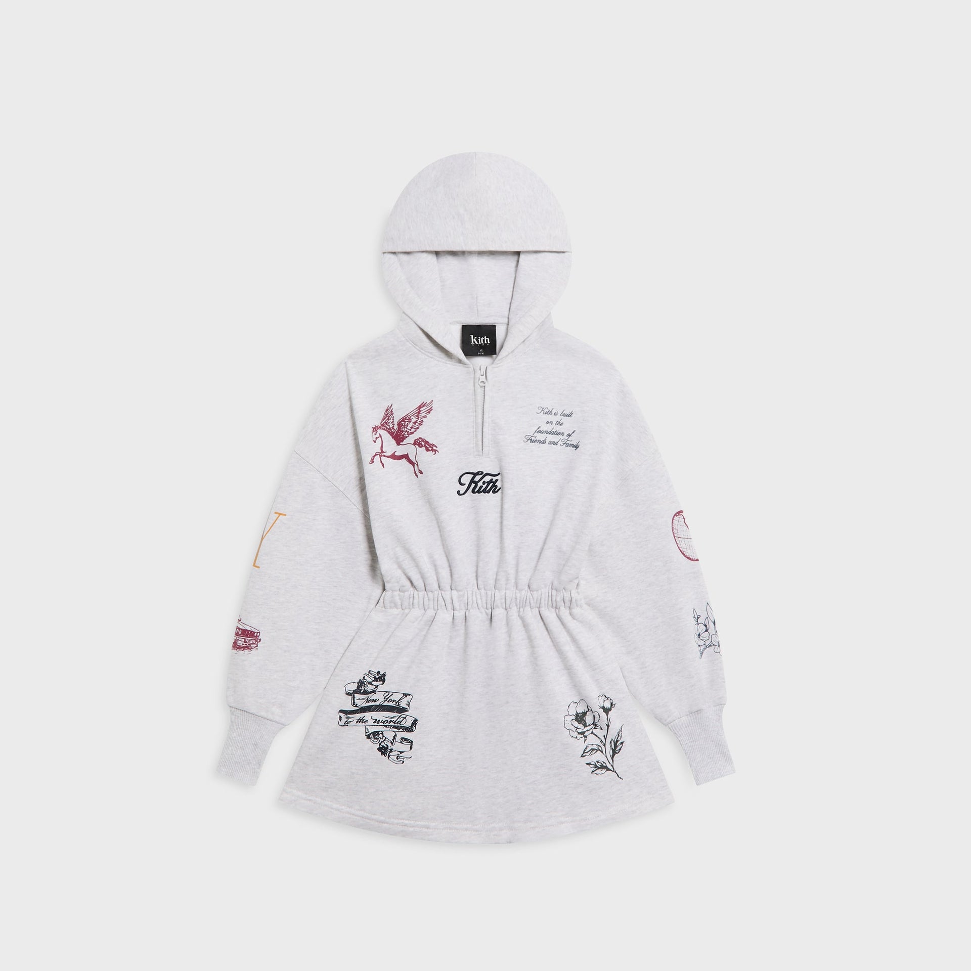 Kith Kids Logo Hoodie Dress in light heather grey, front view with hood, quarter-zip, cinched waist and sketch prints