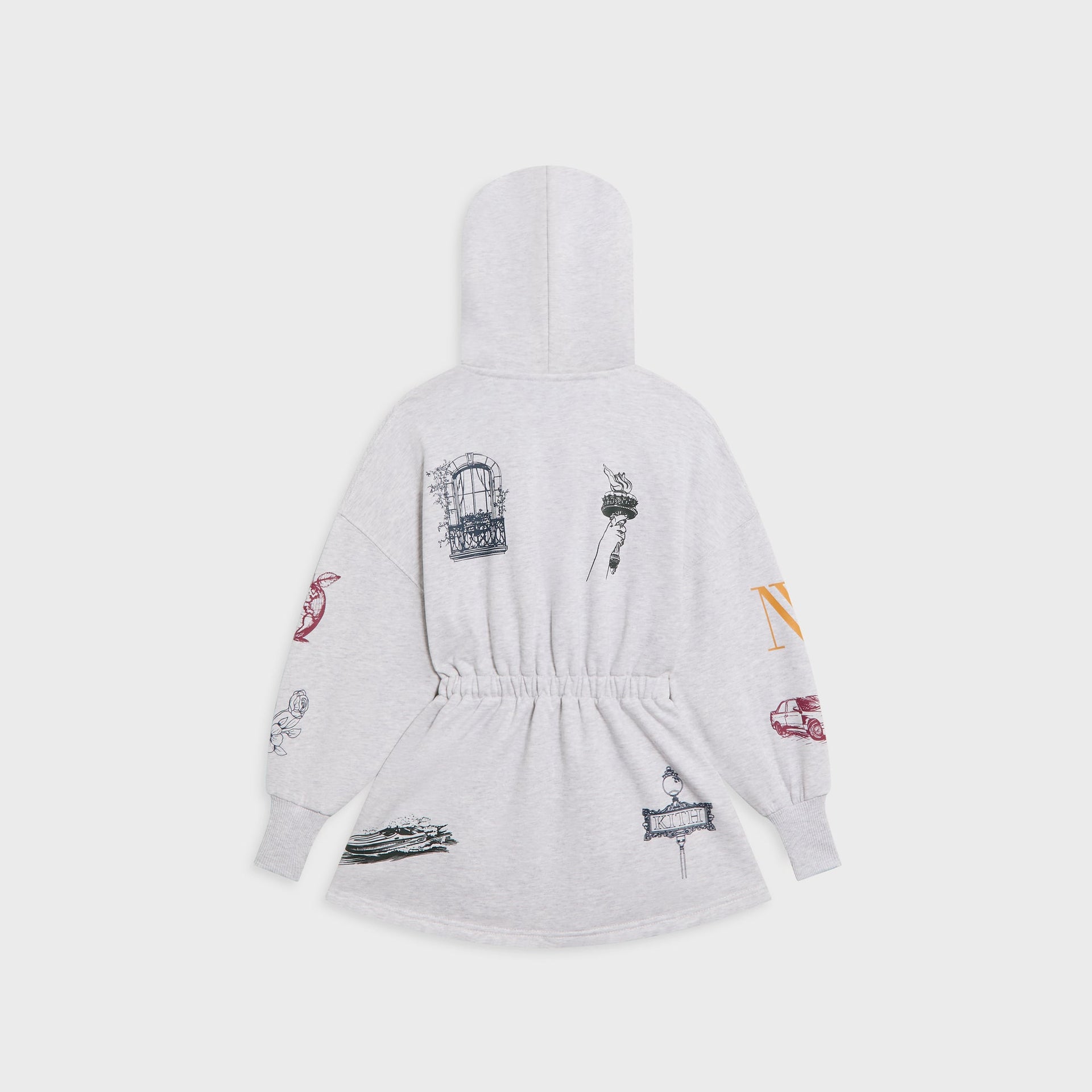 Kith Kids Logo Hoodie Dress in light heather grey, back view with NYC-themed sketch prints and hood