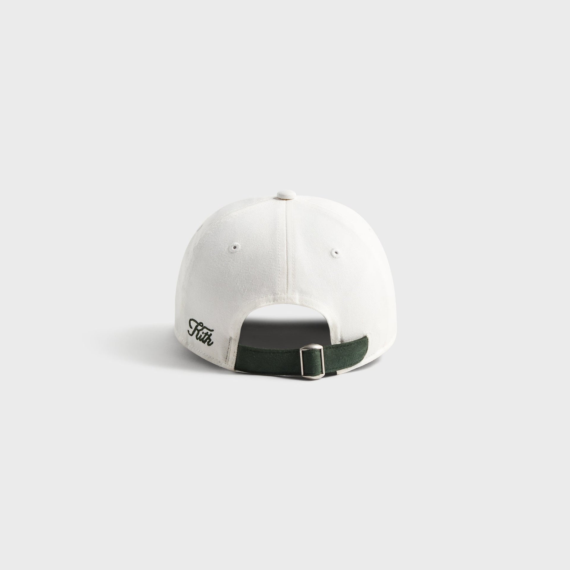 Kith Kids Micro Suede Brim Classic Cap, back view of white cap with green strap and metal adjuster