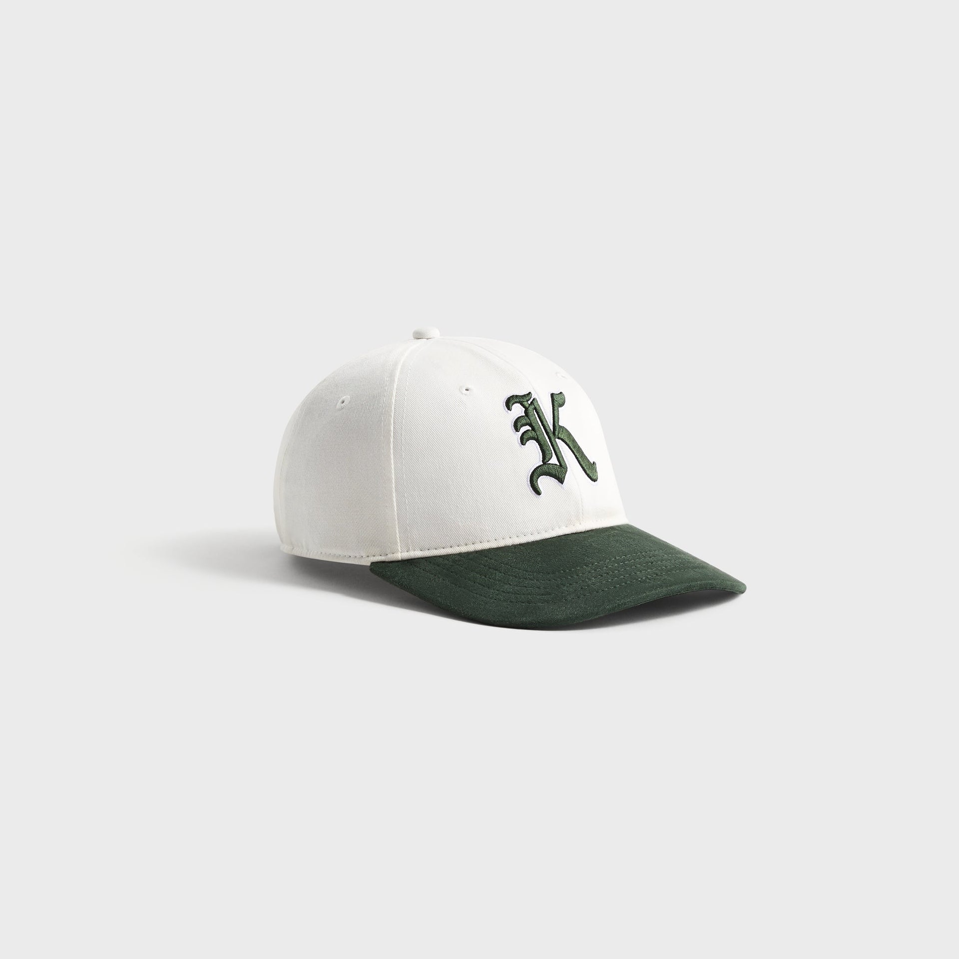 Kith Kids Micro Suede Brim Classic Cap, side three-quarter view of white crown and green suede brim