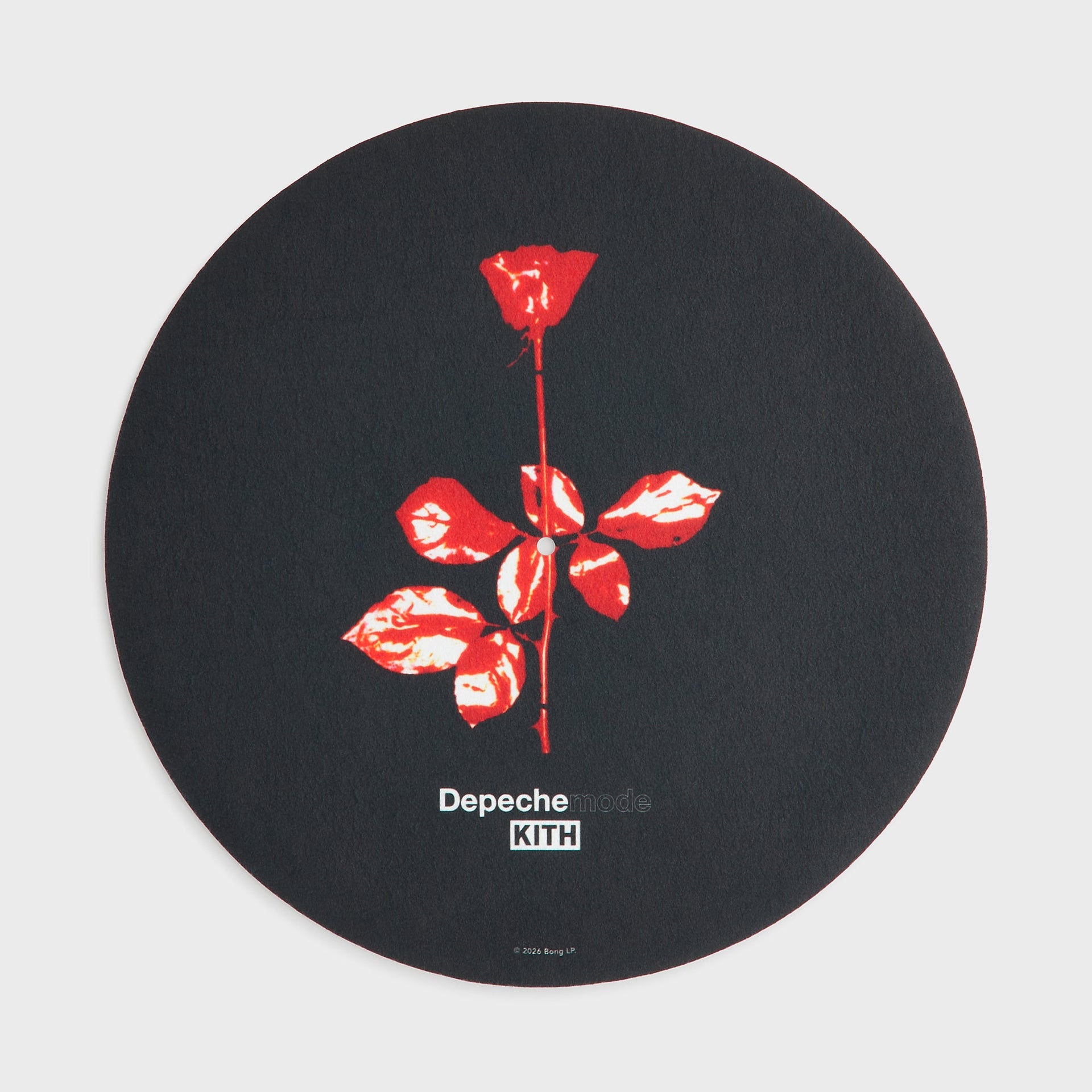 Black Depeche Mode Violator slip mat with red rose graphic and Depeche Mode Kith logo, front view
