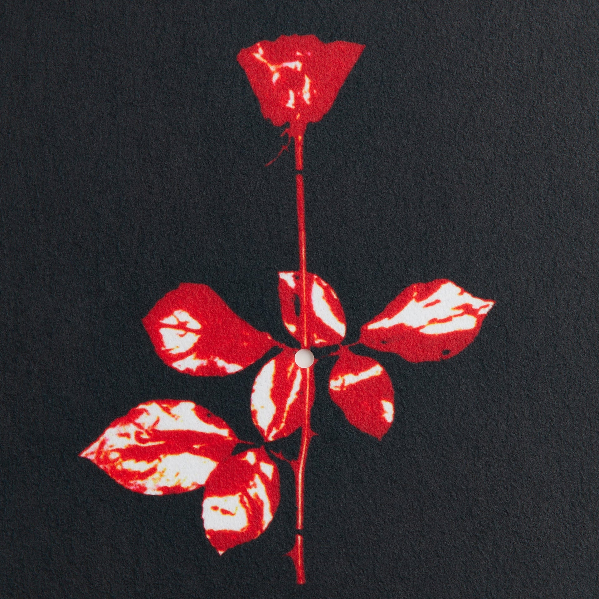 Close-up of the red Depeche Mode Violator rose graphic on the black felt slip mat